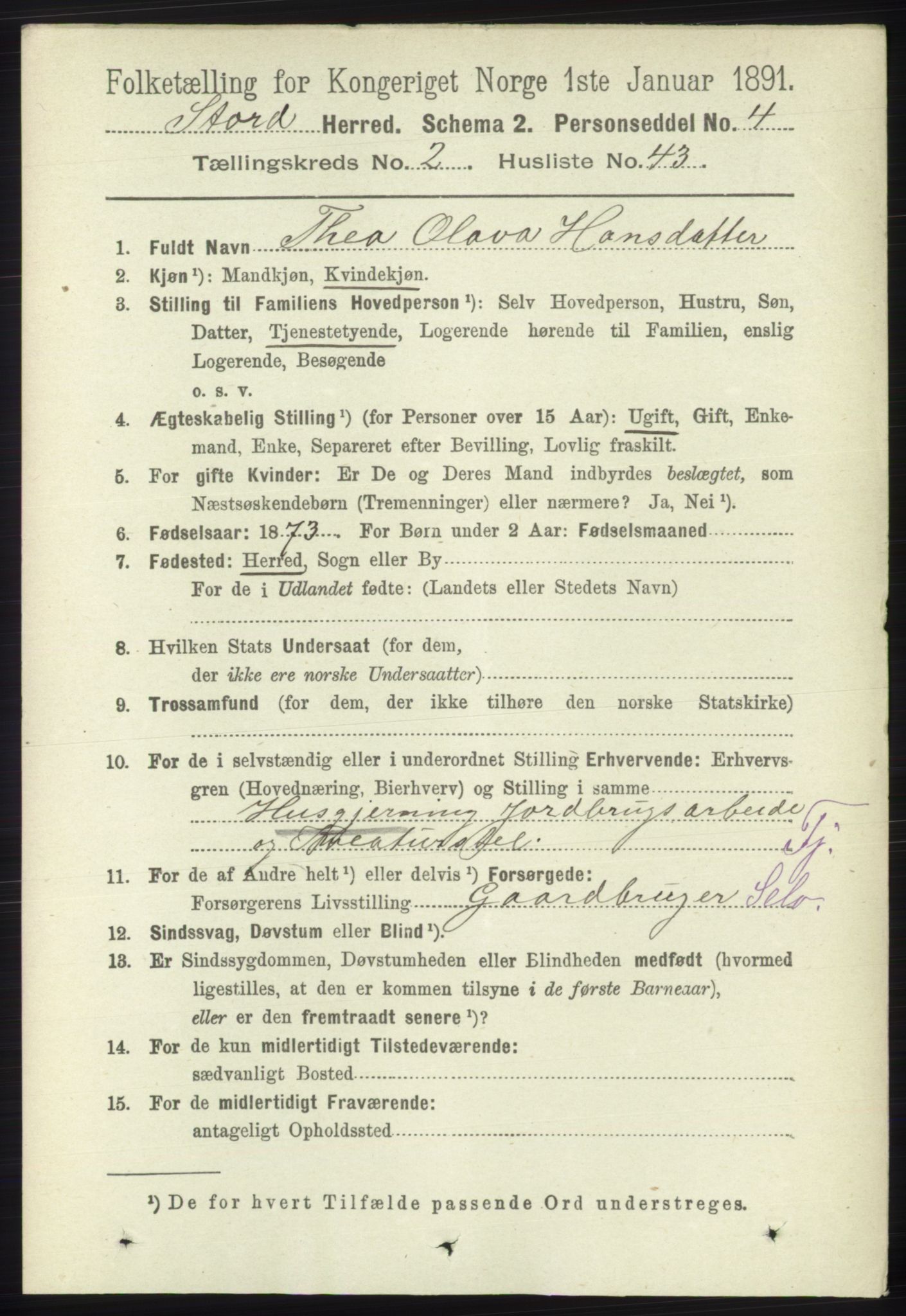 RA, 1891 census for 1221 Stord, 1891, p. 461