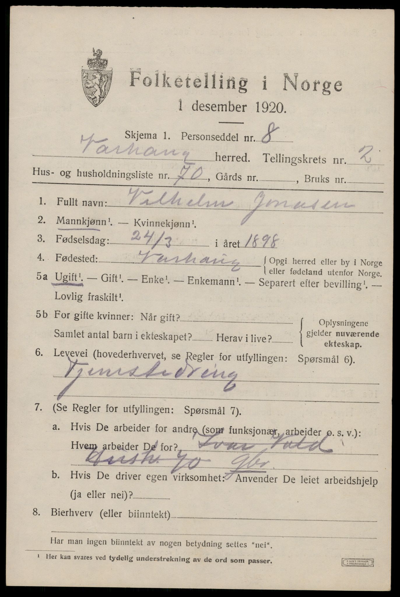 SAST, 1920 census for Varhaug, 1920, p. 2931