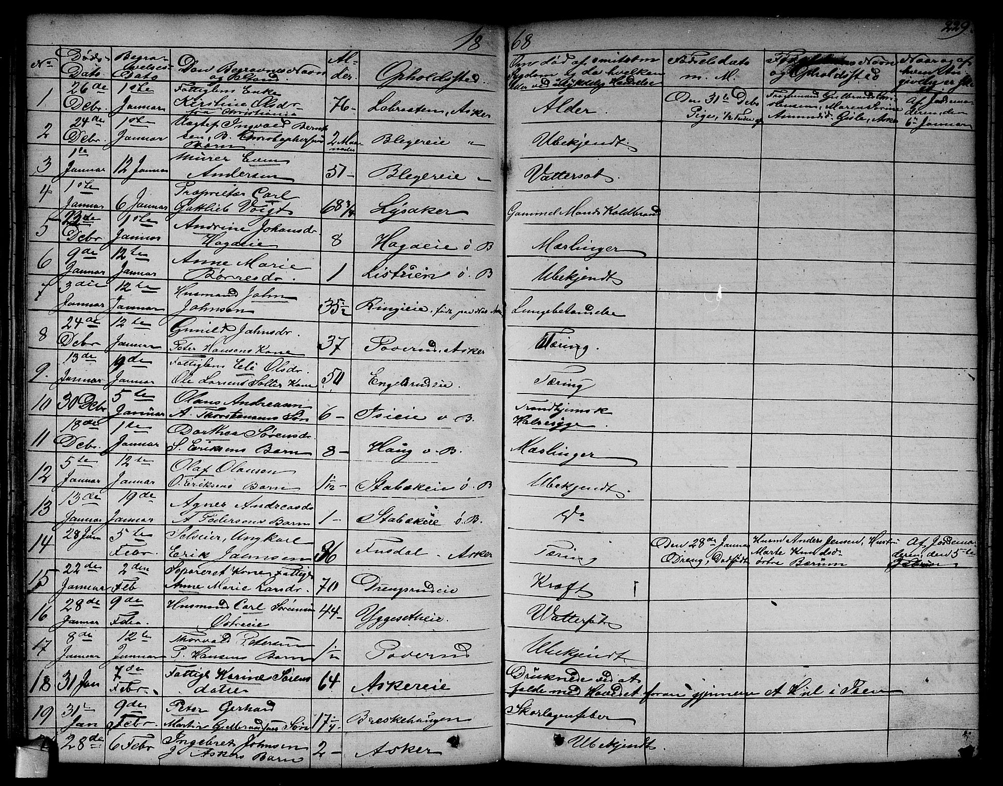 Asker prestekontor Kirkebøker, SAO/A-10256a/F/Fa/L0011: Parish register (official) no. I 11, 1825-1878, p. 229