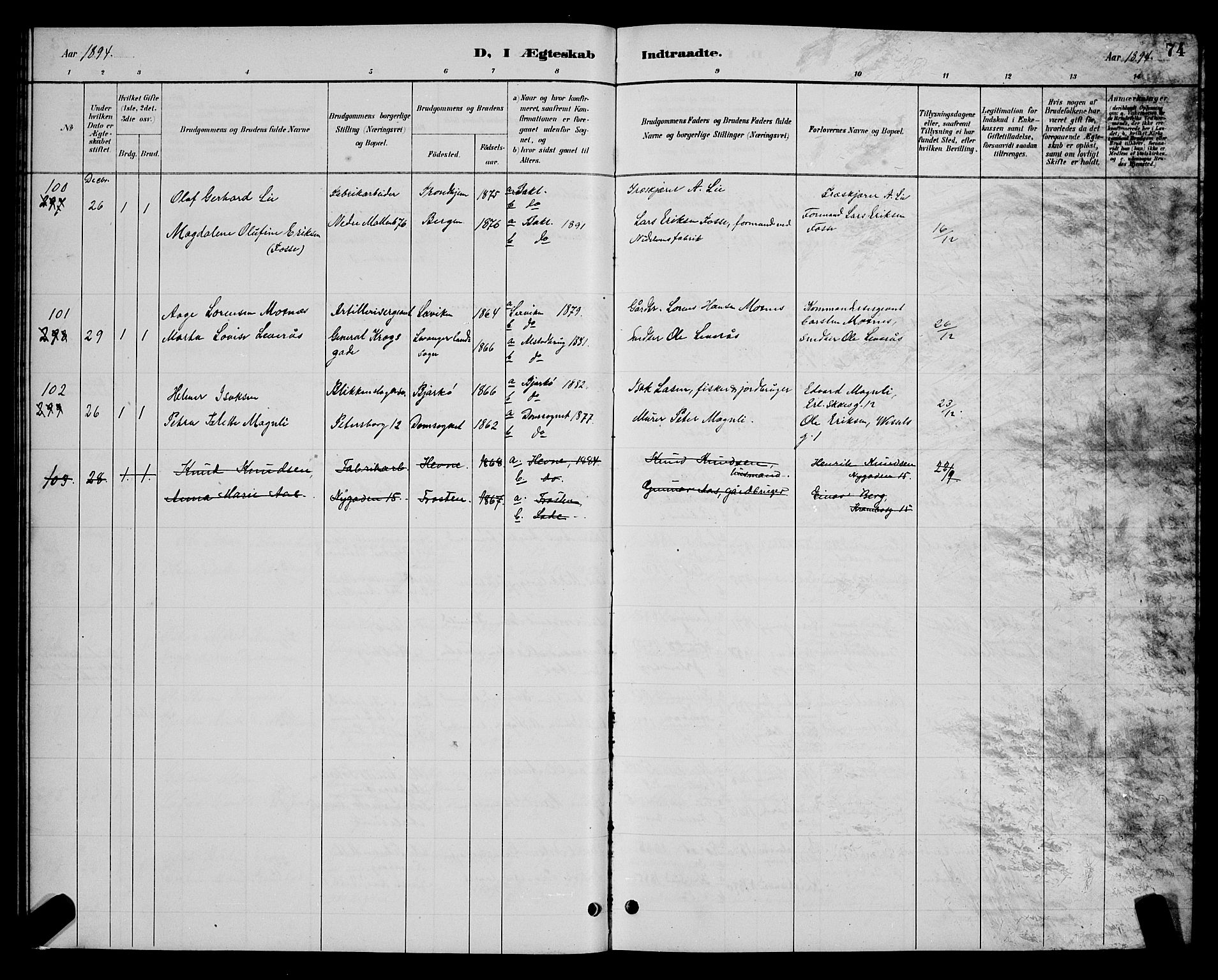 Ministerialprotokoller, klokkerbøker og fødselsregistre - Sør-Trøndelag, SAT/A-1456/604/L0223: Parish register (copy) no. 604C06, 1886-1897, p. 74