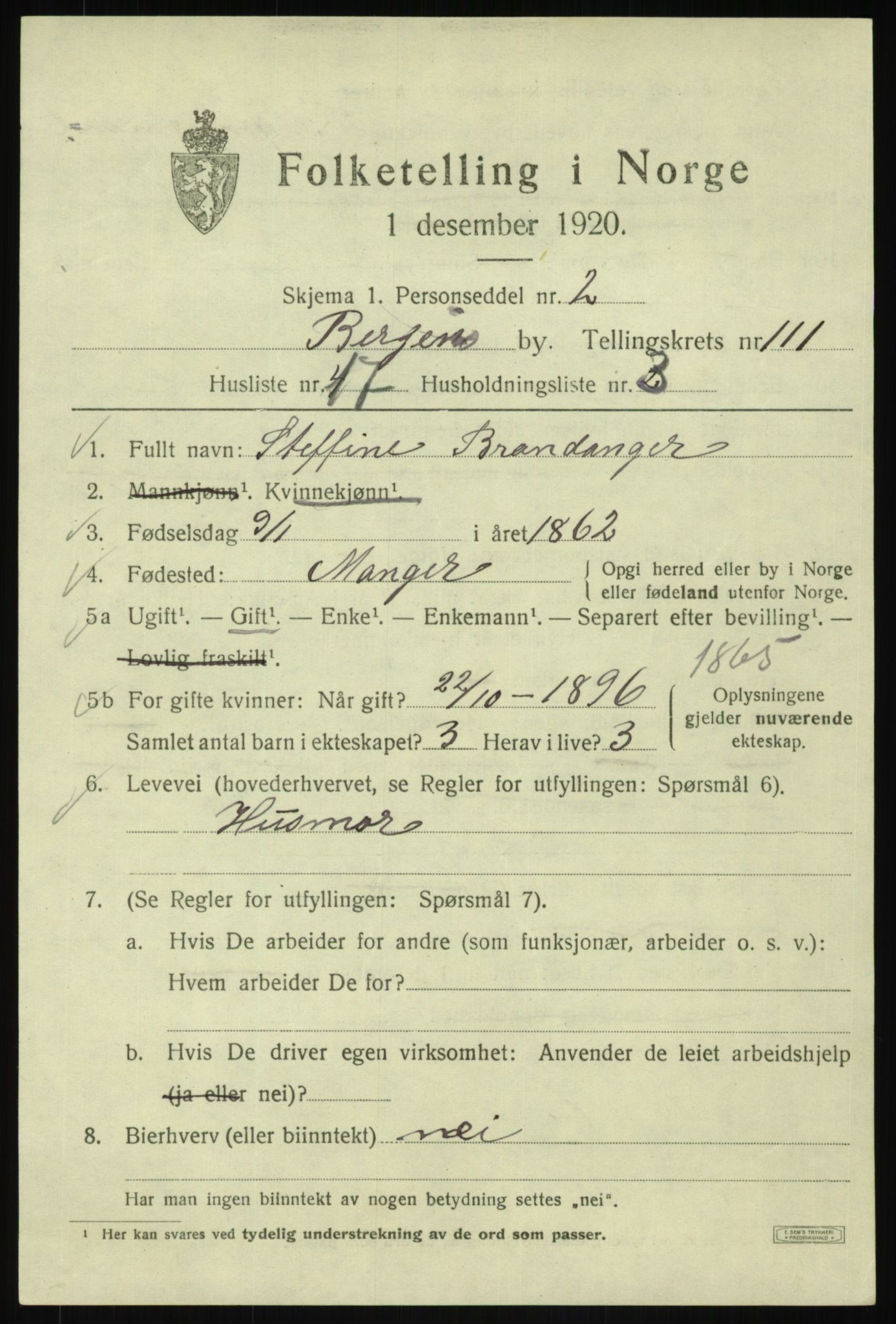 SAB, 1920 census for Bergen, 1920, p. 191503