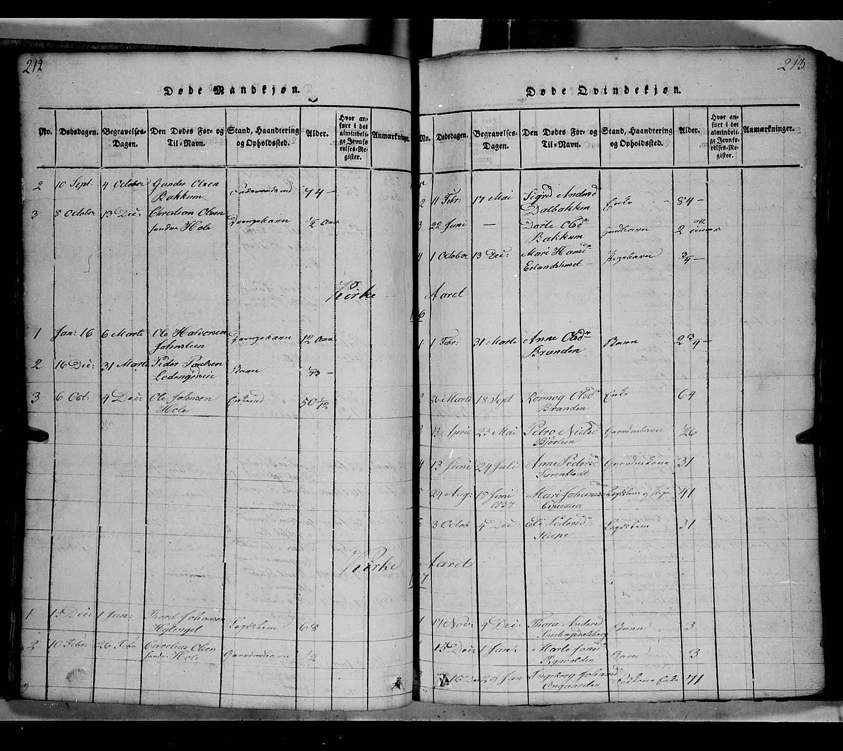 Gausdal prestekontor, SAH/PREST-090/H/Ha/Hab/L0002: Parish register (copy) no. 2, 1818-1874, p. 212-213