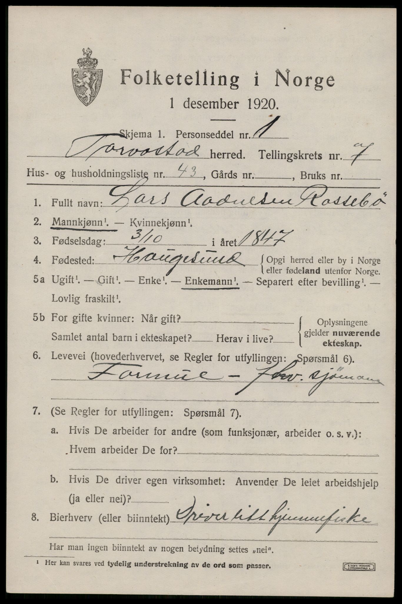 SAST, 1920 census for Torvastad, 1920, p. 5618