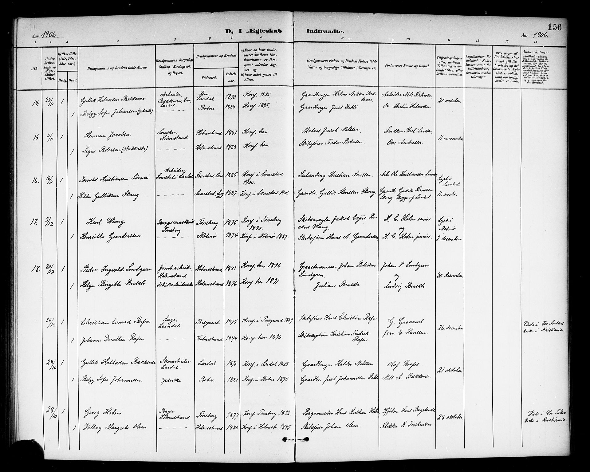 Holmestrand kirkebøker, AV/SAKO-A-346/G/Ga/L0006: Parish register (copy) no. 6, 1901-1923, p. 156