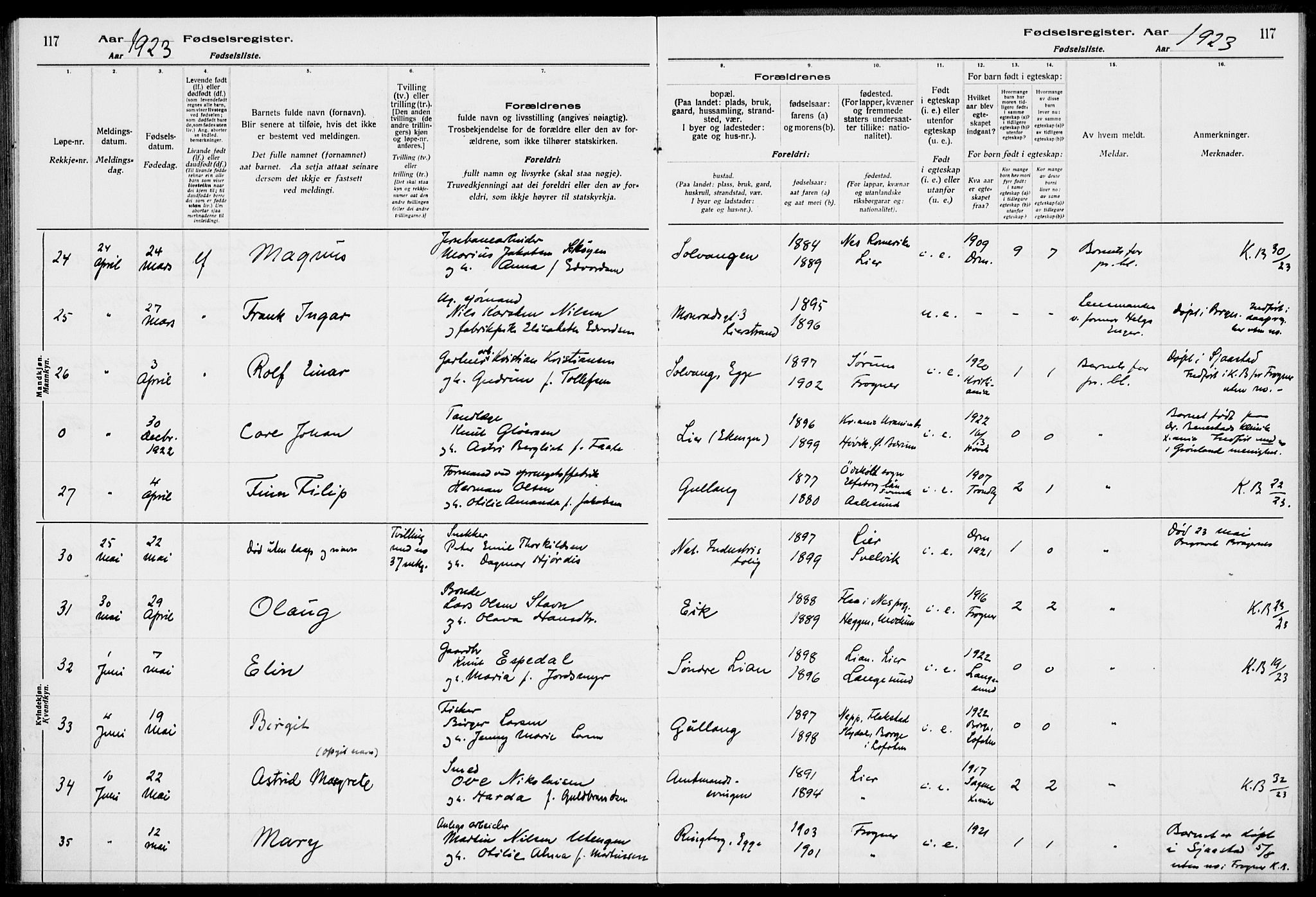 Lier kirkebøker, AV/SAKO-A-230/J/Ja/L0001: Birth register no. 1, 1916-1928, p. 117