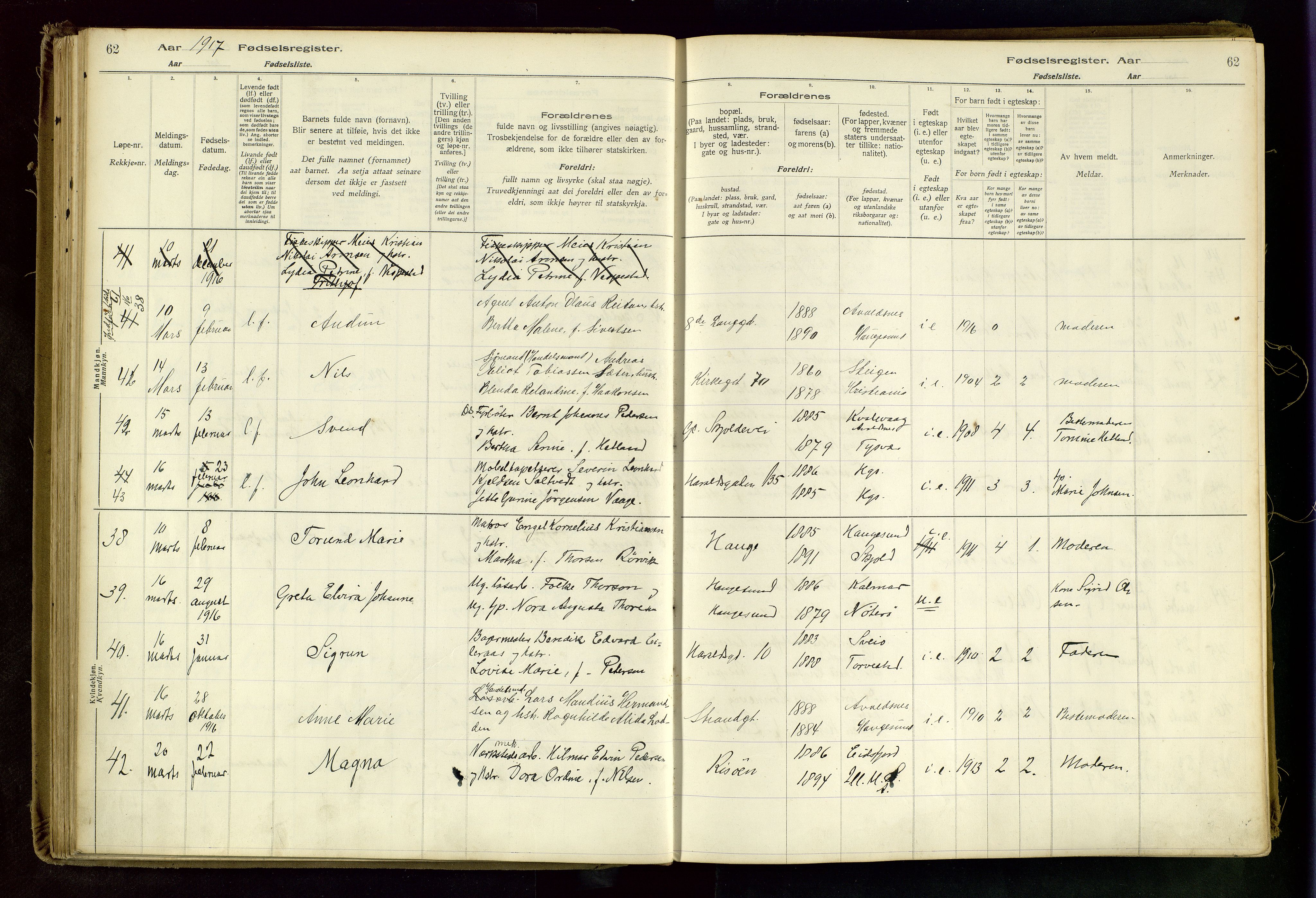 Haugesund sokneprestkontor, AV/SAST-A -101863/I/Id/L0003: Birth register no. 1, 1916-1919, p. 62