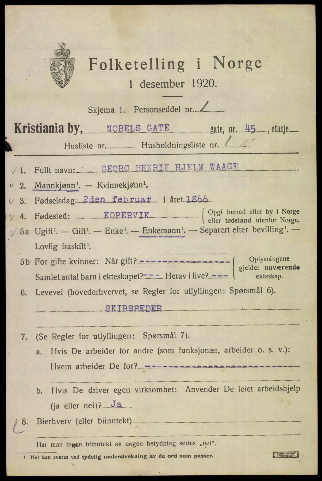 SAO, 1920 census for Kristiania, 1920, p. 418055