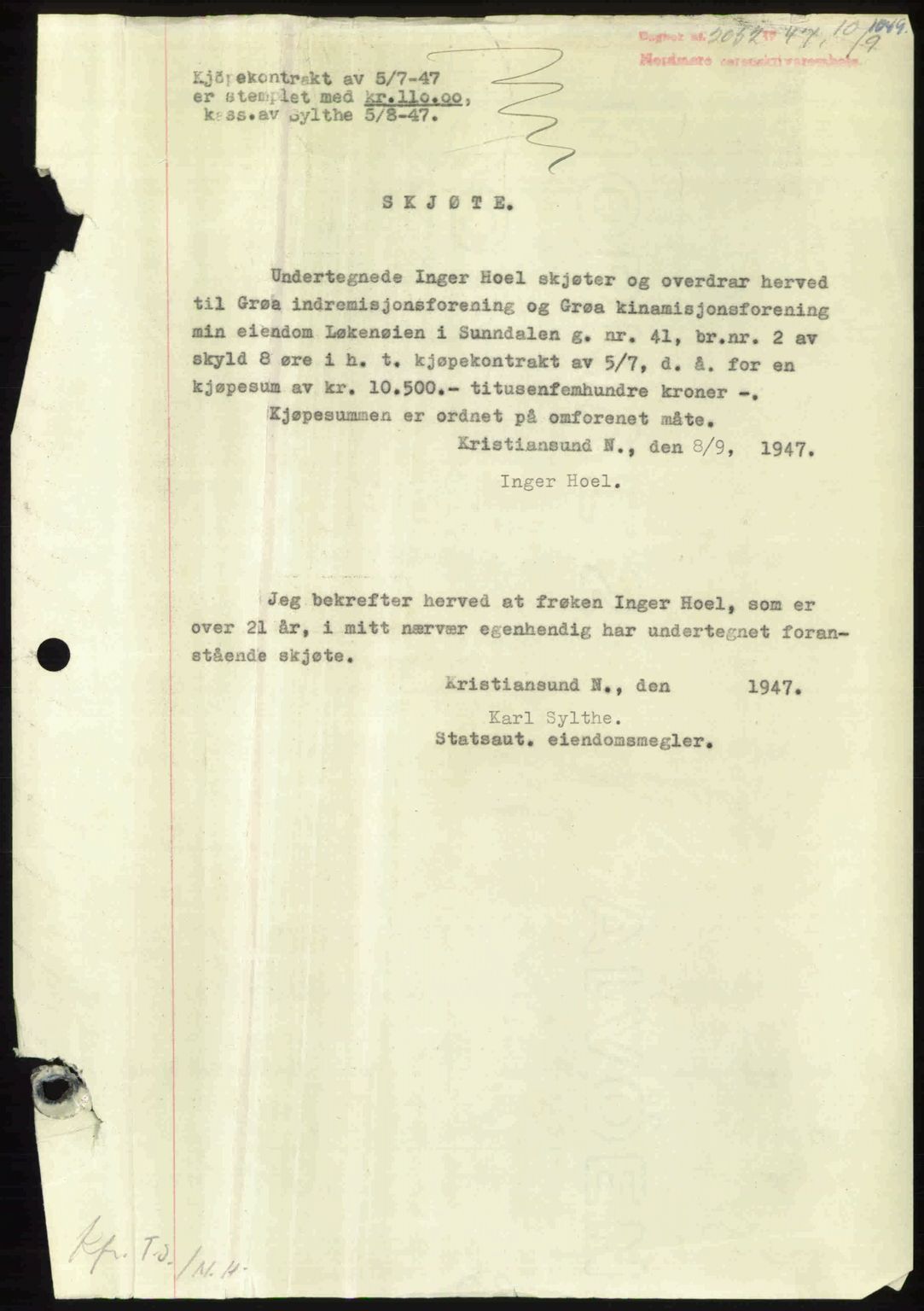 Nordmøre sorenskriveri, AV/SAT-A-4132/1/2/2Ca: Mortgage book no. A105, 1947-1947, Diary no: : 2052/1947