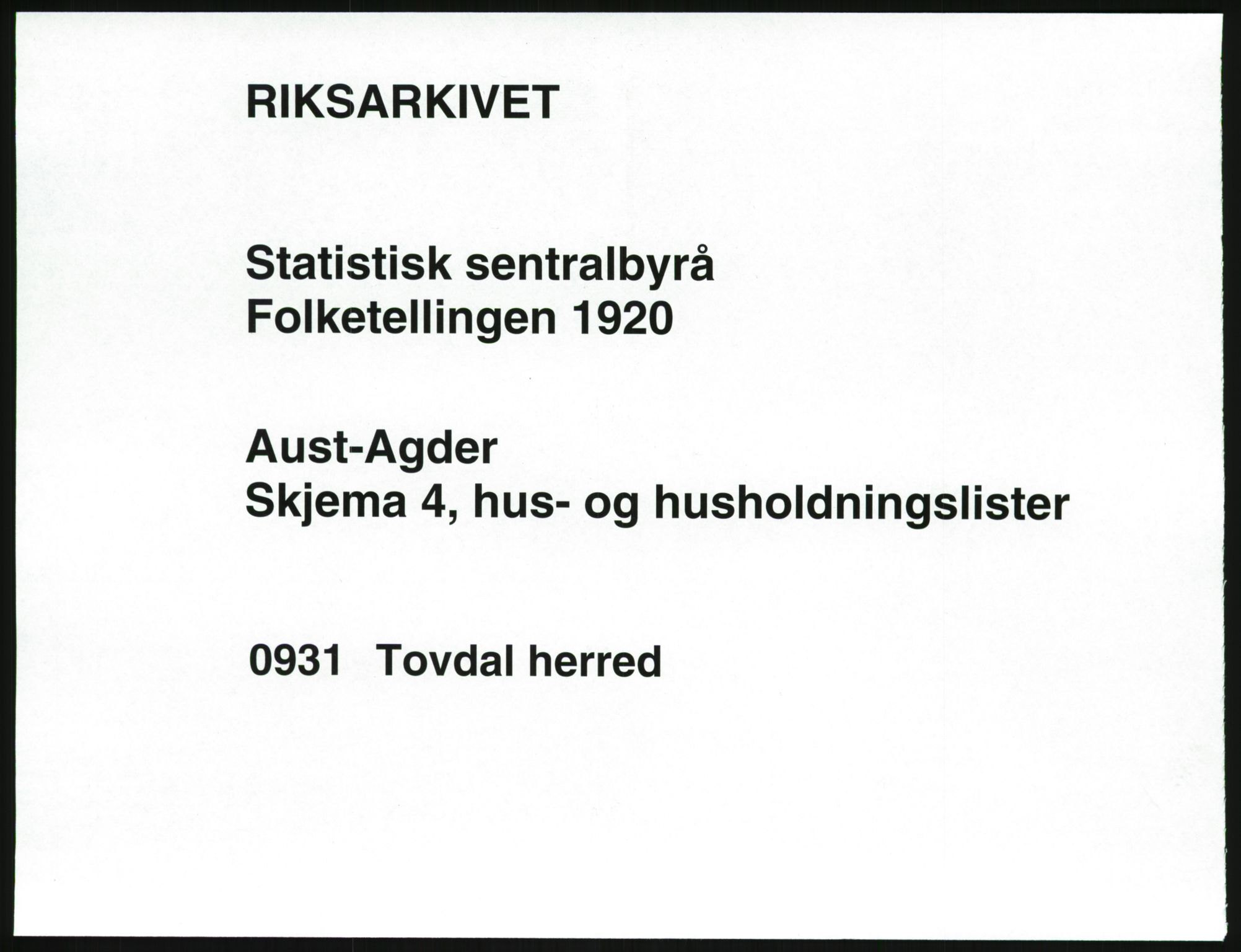 SAK, 1920 census for Tovdal, 1920, p. 15