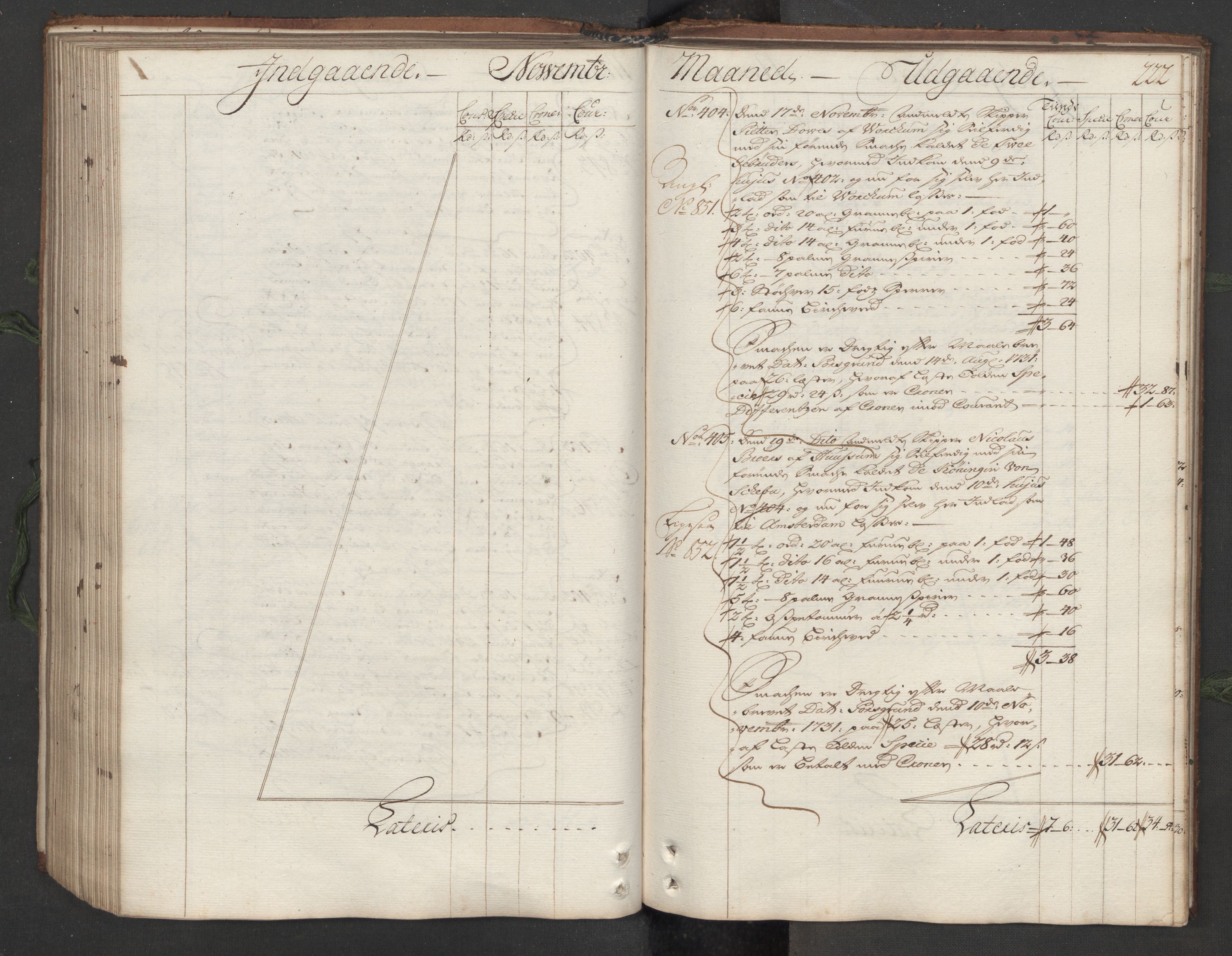 Generaltollkammeret, tollregnskaper, RA/EA-5490/R12/L0007/0001: Tollregnskaper Langesund / Hovedtollbok, 1731, p. 221b-222a