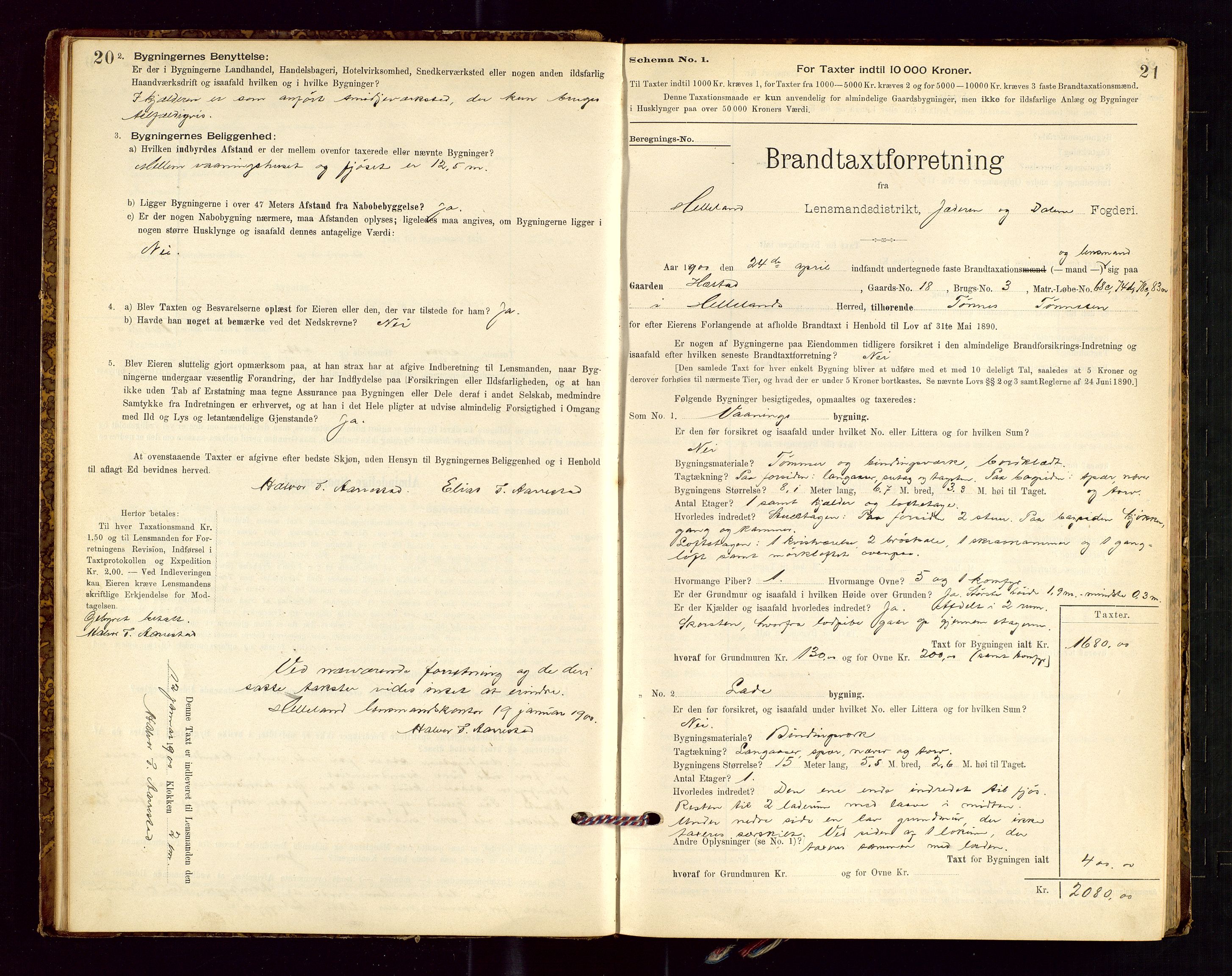 Helleland lensmannskontor, SAST/A-100209/Gob/L0001: "Brandtaxationsprotokol", 1896-1919, p. 20-21