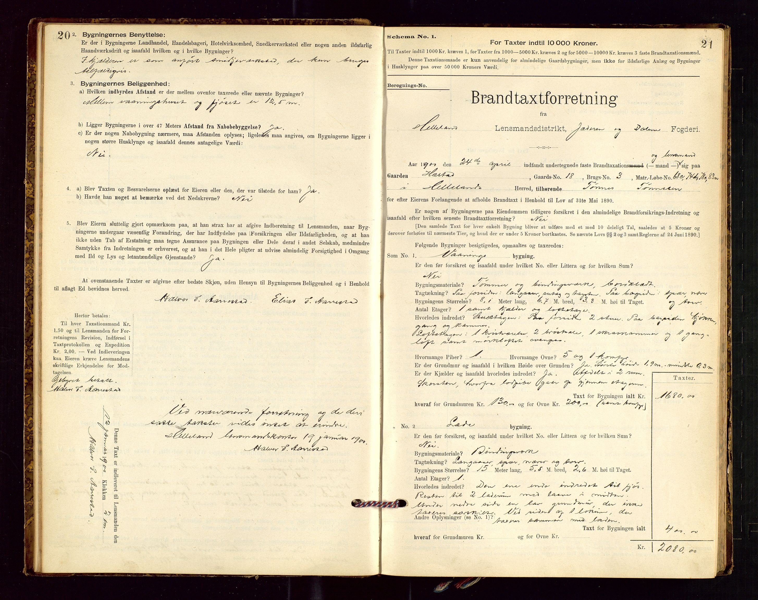 Helleland lensmannskontor, AV/SAST-A-100209/Gob/L0001: "Brandtaxationsprotokol", 1896-1919, p. 20-21