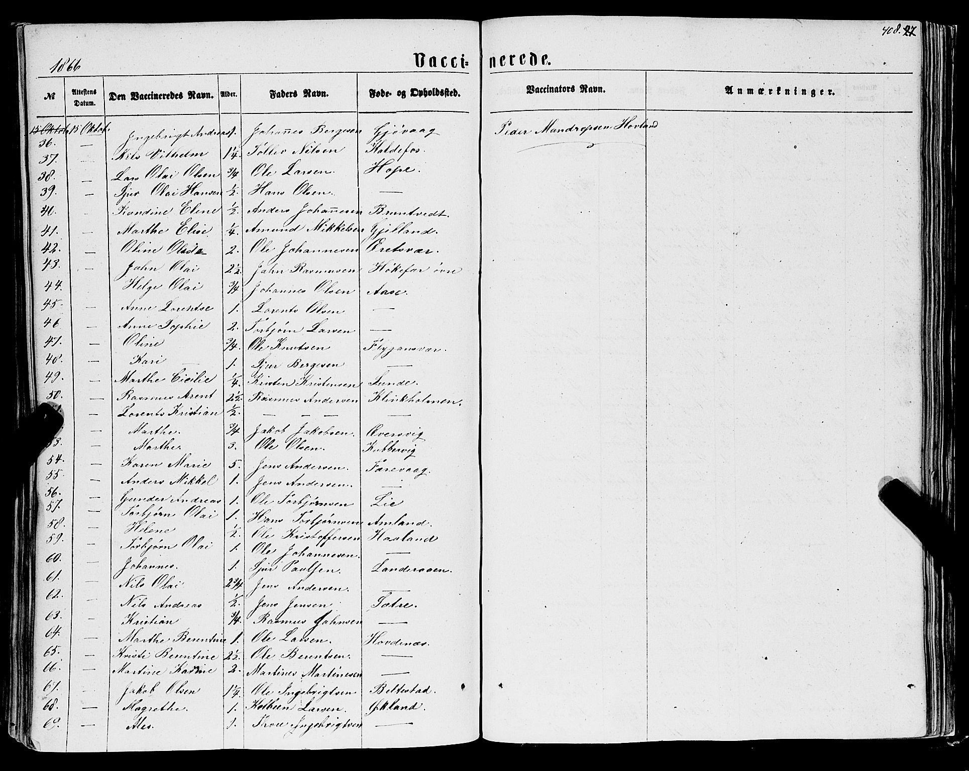 Tysnes sokneprestembete, AV/SAB-A-78601/H/Haa: Parish register (official) no. A 11, 1860-1871, p. 408