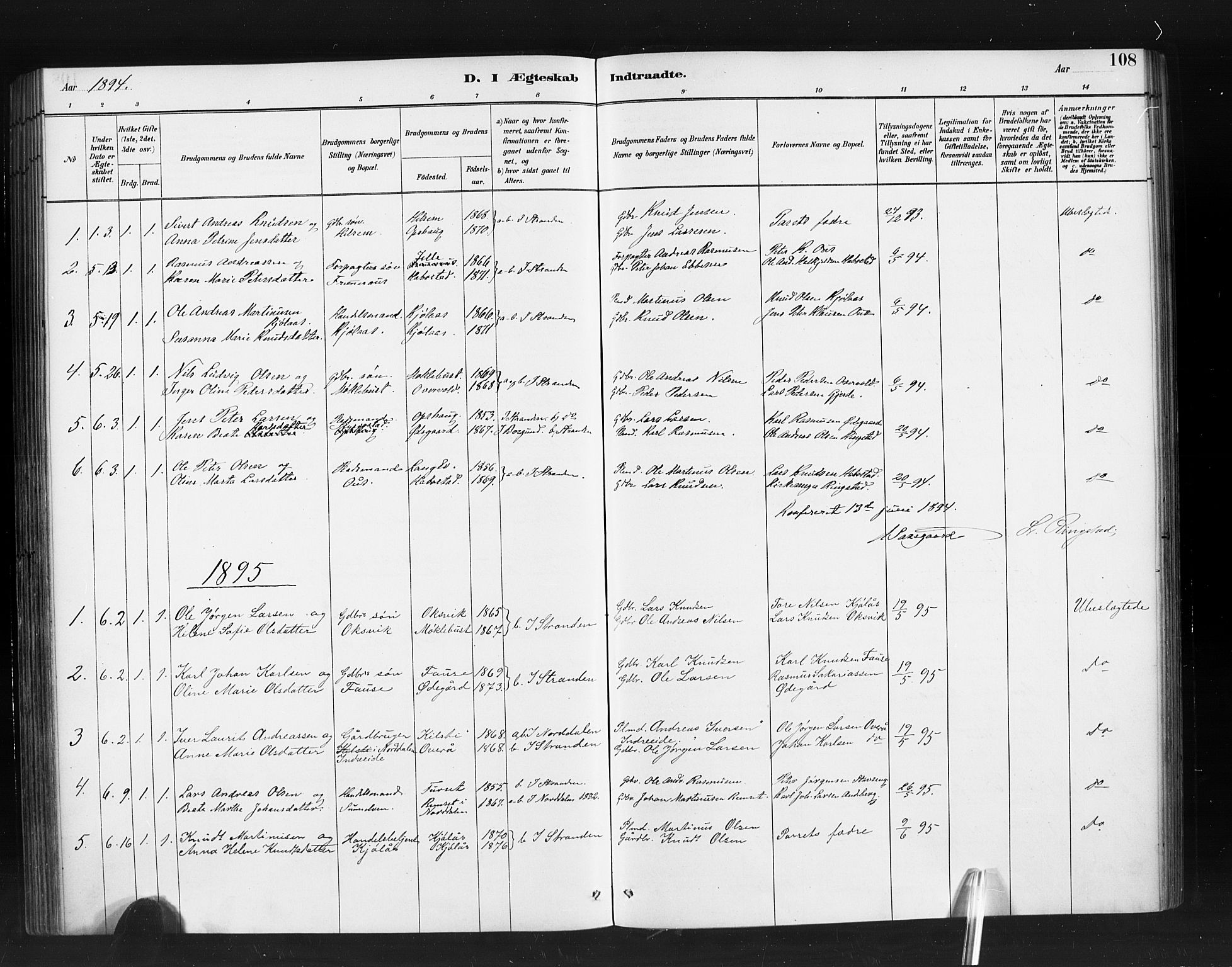 Ministerialprotokoller, klokkerbøker og fødselsregistre - Møre og Romsdal, SAT/A-1454/520/L0283: Parish register (official) no. 520A12, 1882-1898, p. 108