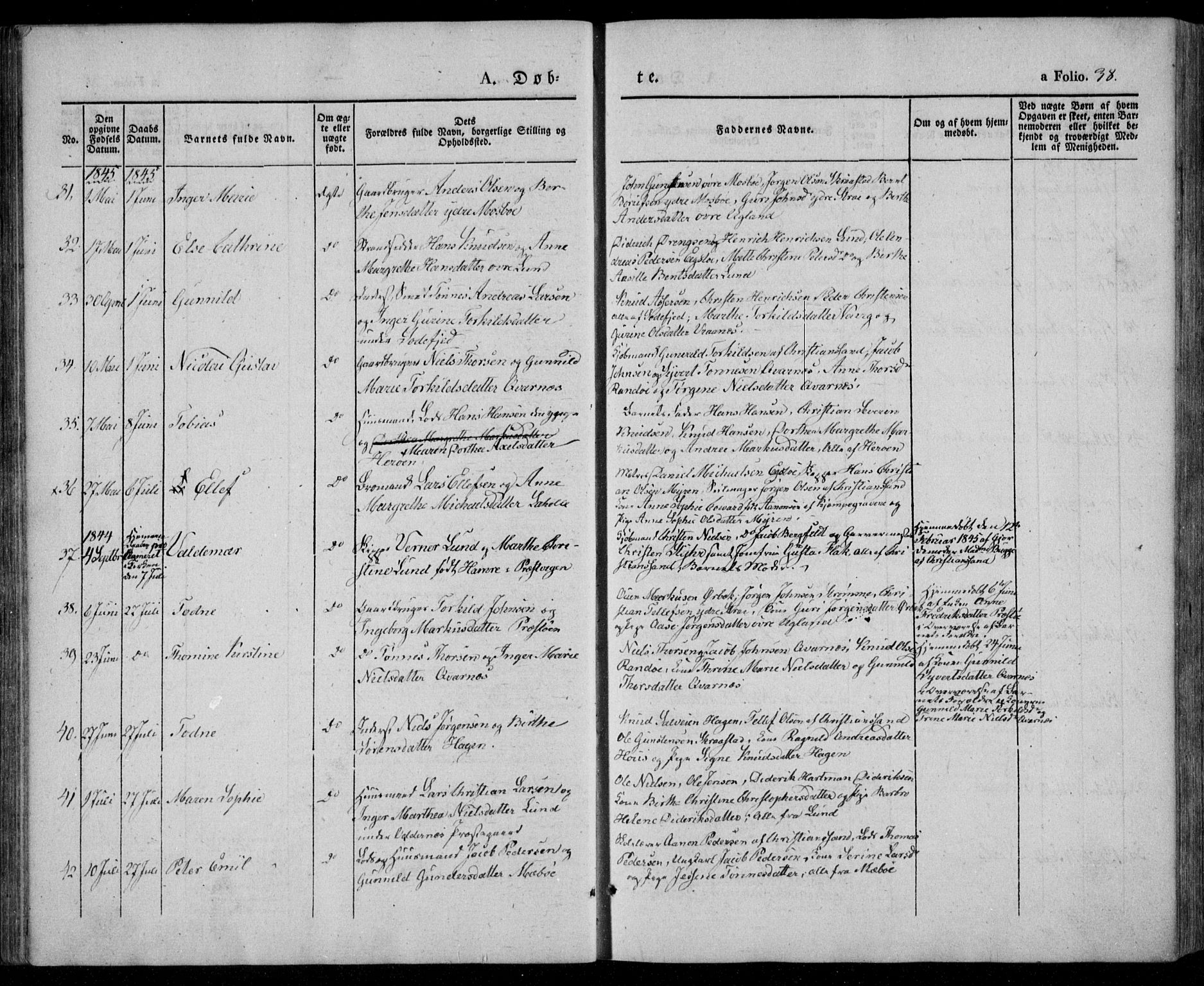 Oddernes sokneprestkontor, AV/SAK-1111-0033/F/Fa/Faa/L0006: Parish register (official) no. A 6, 1838-1851, p. 38