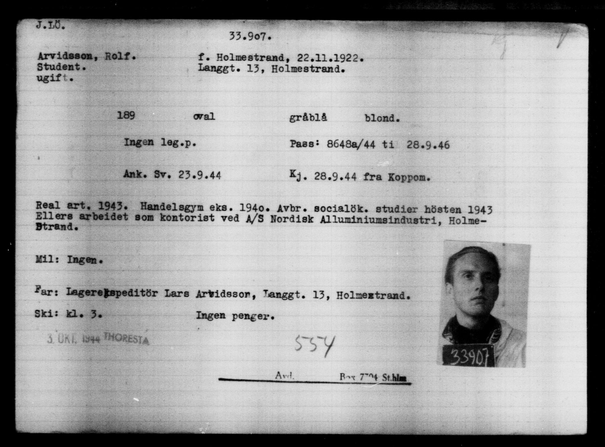 Utenriksstasjonene, Legasjonen i Stockholm, Flyktningkontoret, AV/RA-S-6753/V/Va/L0013: Kjesäterkartoteket, flyktninger med registreringsnr. 31500-34731, 1940-1945, p. 2542