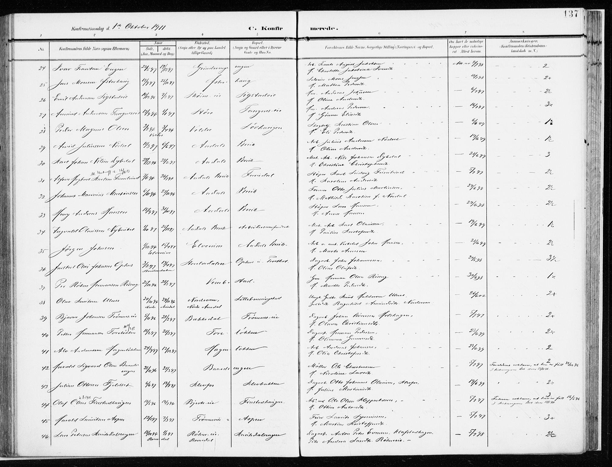 Løten prestekontor, AV/SAH-PREST-022/K/Ka/L0011: Parish register (official) no. 11, 1908-1917, p. 137