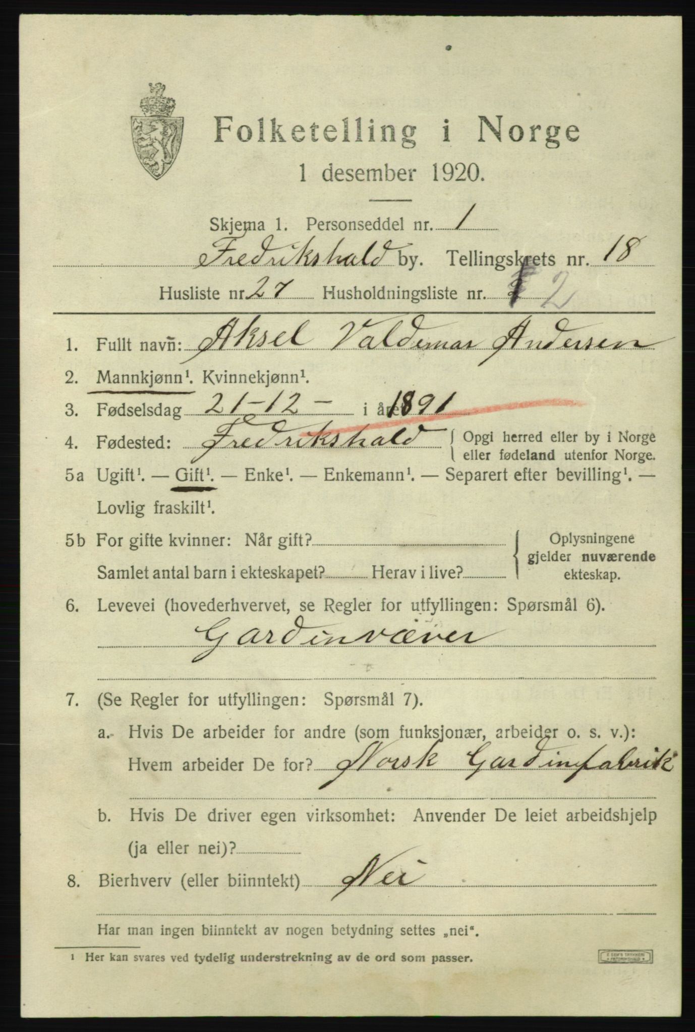 SAO, 1920 census for Fredrikshald, 1920, p. 27957