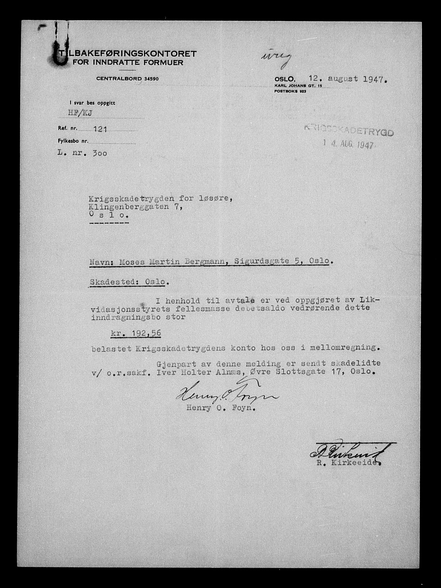 Justisdepartementet, Tilbakeføringskontoret for inndratte formuer, AV/RA-S-1564/H/Hc/Hcc/L0921: --, 1945-1947, p. 71