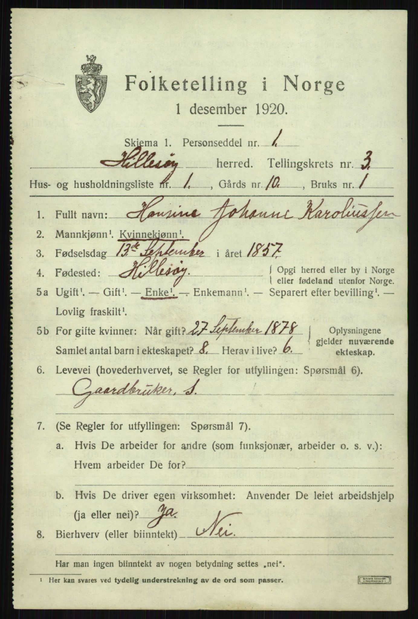 SATØ, 1920 census for Hillesøy, 1920, p. 1663