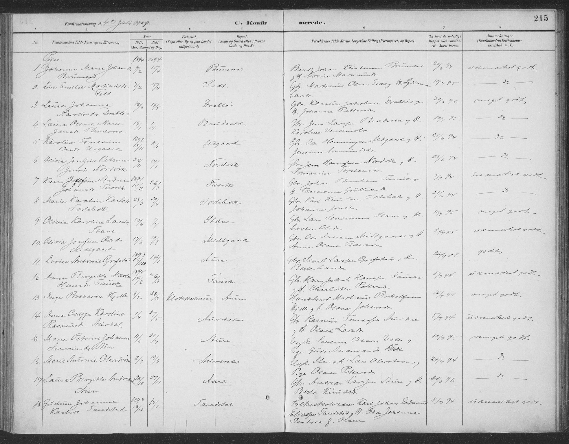 Ministerialprotokoller, klokkerbøker og fødselsregistre - Møre og Romsdal, SAT/A-1454/523/L0335: Parish register (official) no. 523A02, 1891-1911, p. 215