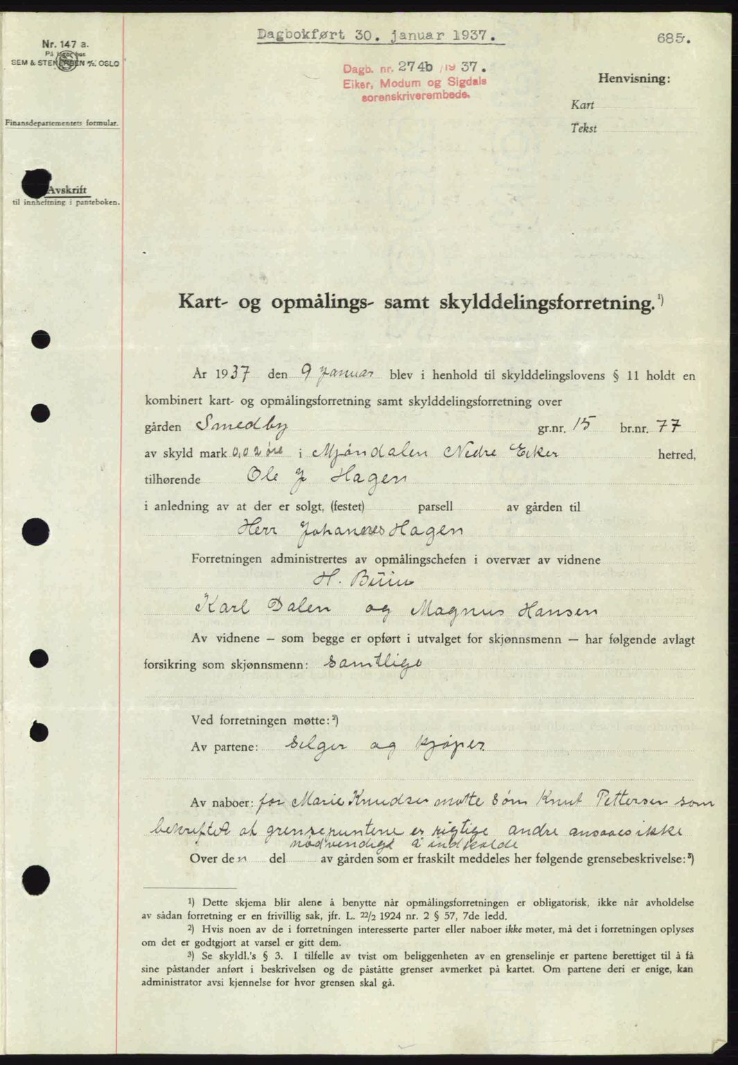 Eiker, Modum og Sigdal sorenskriveri, SAKO/A-123/G/Ga/Gab/L0034: Mortgage book no. A4, 1936-1937, Diary no: : 274/1937
