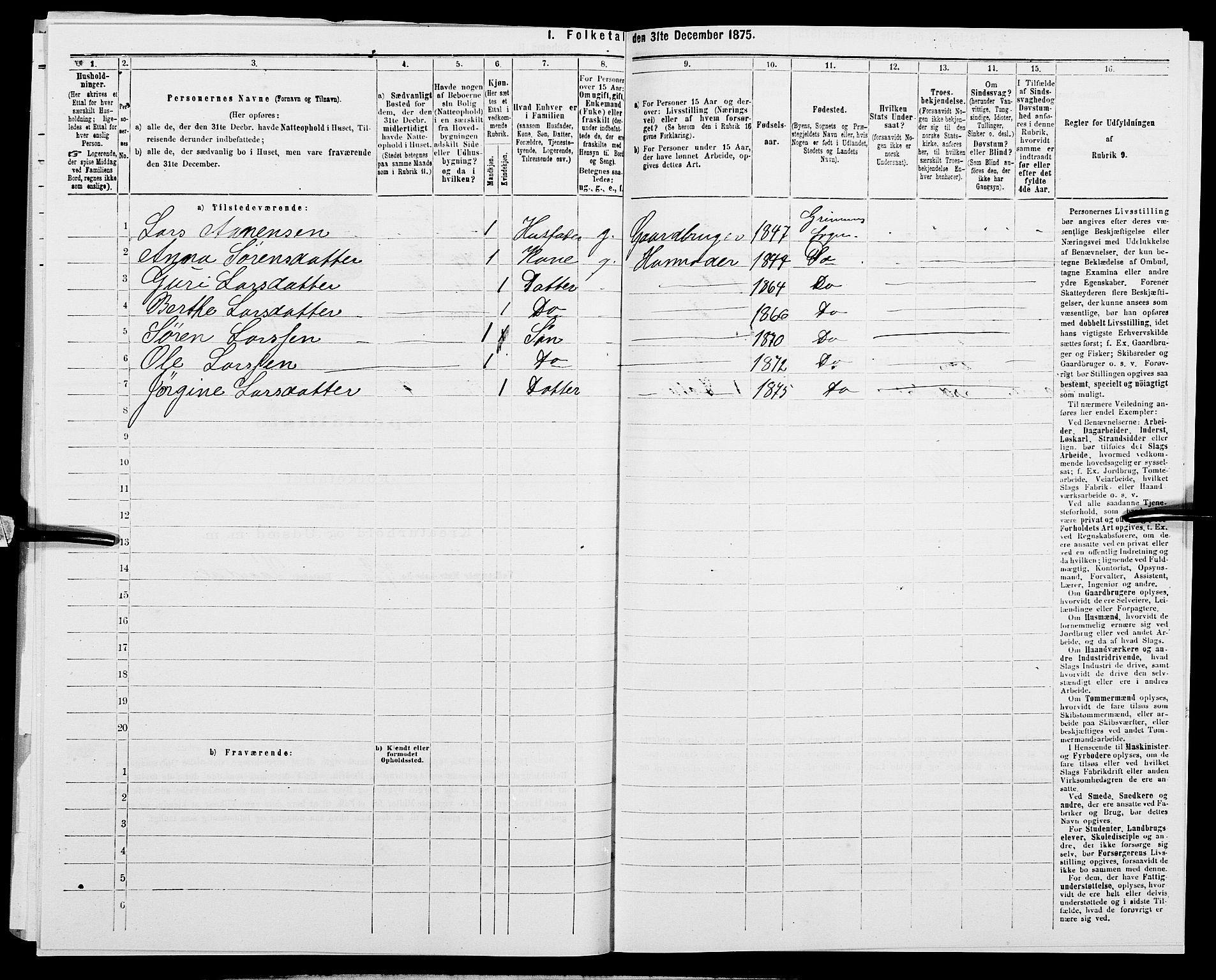 SAK, 1875 census for 1024P Bjelland, 1875, p. 499