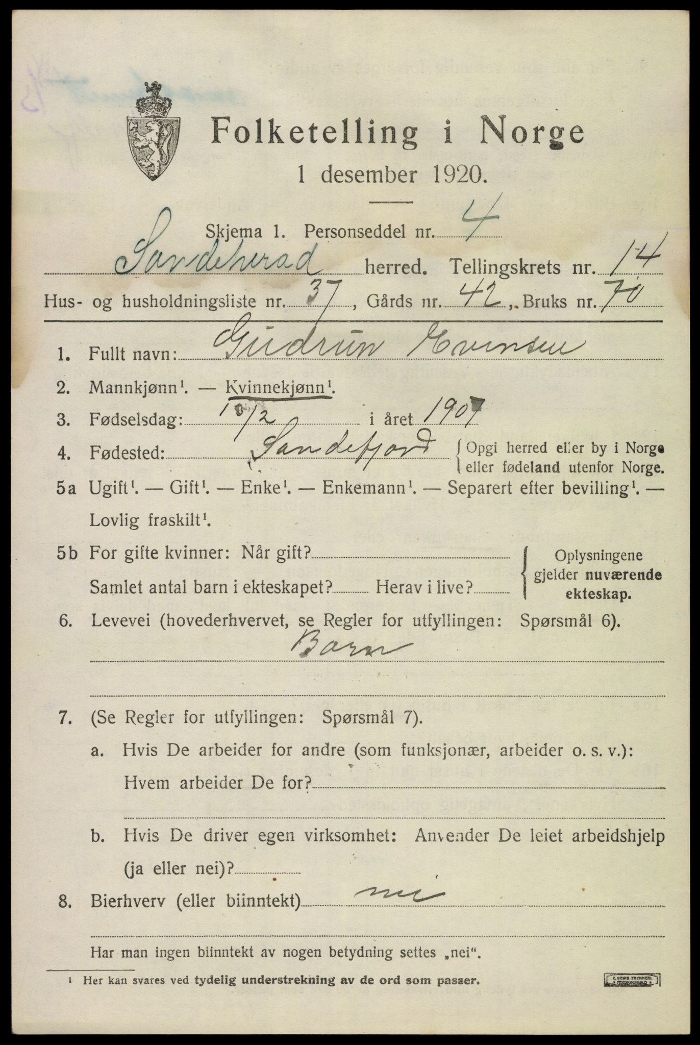 SAKO, 1920 census for Sandeherred, 1920, p. 20686
