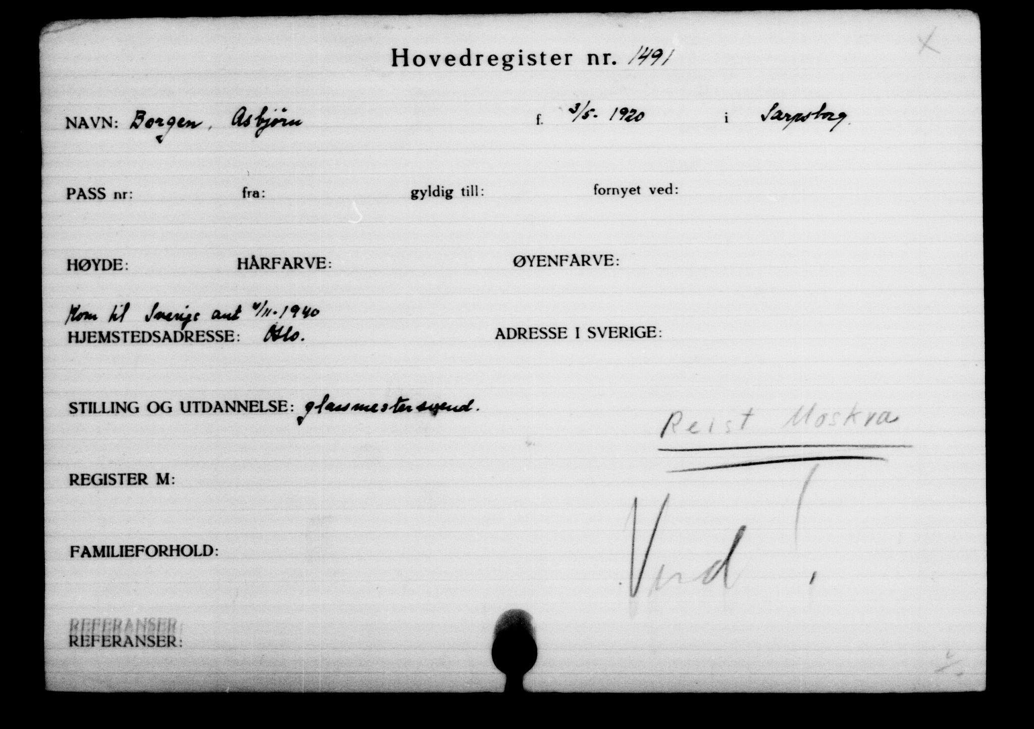 Utenriksstasjonene, Legasjonen i Stockholm, Flyktningkontoret, AV/RA-S-6753/V/Va/L0002: Kjesäterkartoteket, flyktninger med registreringsnr. 1001-2000, 1940-1945, p. 692