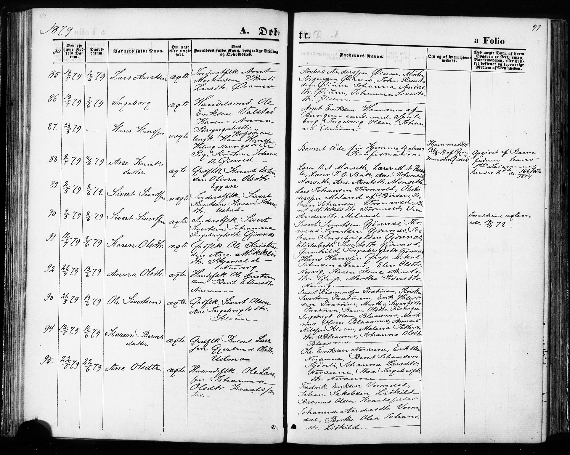 Ministerialprotokoller, klokkerbøker og fødselsregistre - Sør-Trøndelag, SAT/A-1456/668/L0807: Parish register (official) no. 668A07, 1870-1880, p. 97
