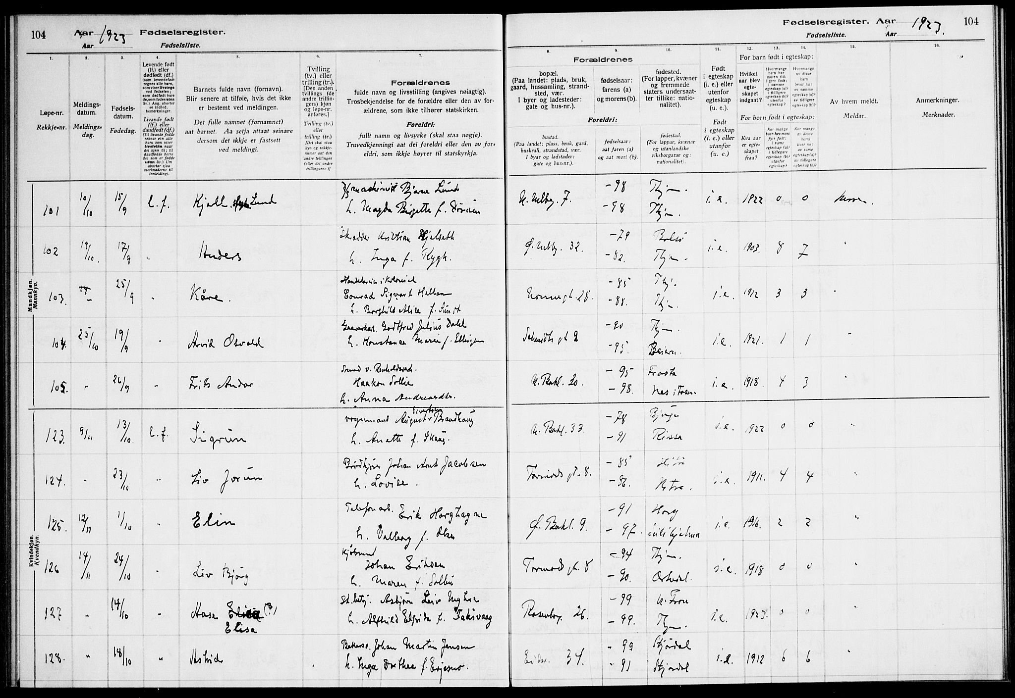 Ministerialprotokoller, klokkerbøker og fødselsregistre - Sør-Trøndelag, AV/SAT-A-1456/604/L0233: Birth register no. 604.II.4.2, 1920-1928, p. 104