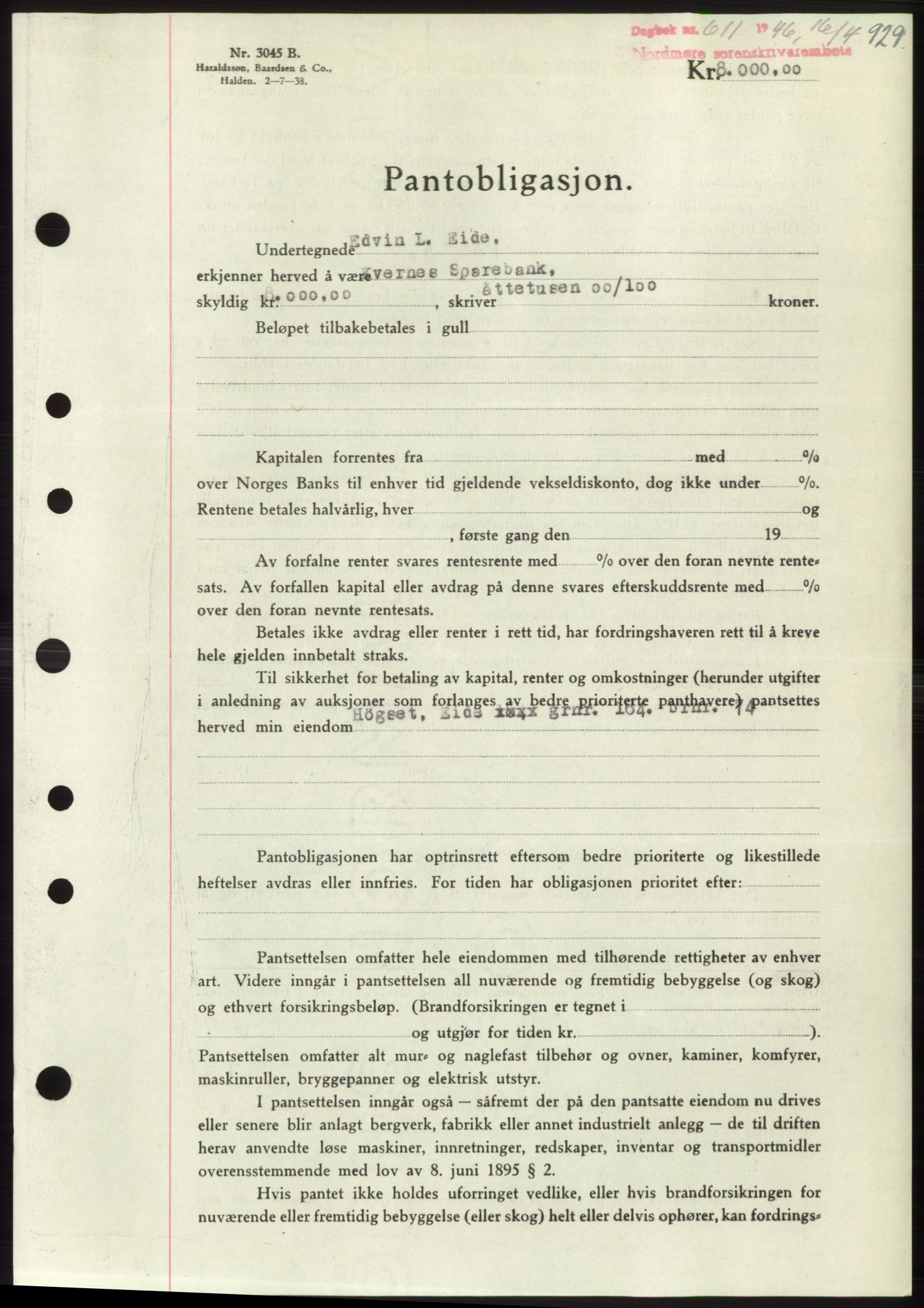 Nordmøre sorenskriveri, AV/SAT-A-4132/1/2/2Ca: Mortgage book no. B93b, 1946-1946, Diary no: : 611/1946