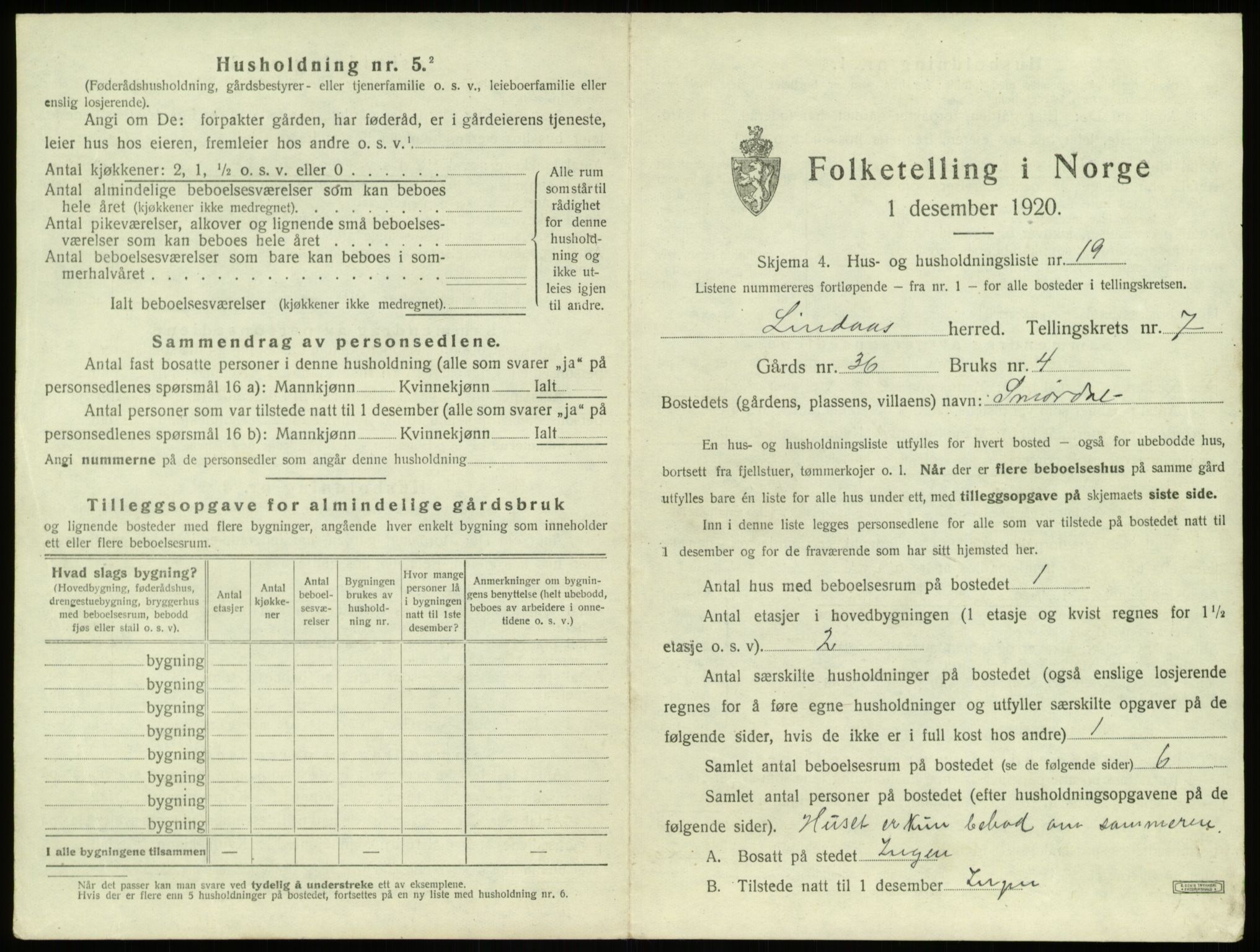 SAB, 1920 census for Lindås, 1920, p. 505