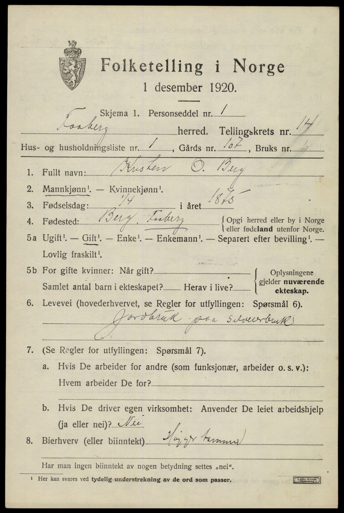 SAH, 1920 census for Fåberg, 1920, p. 14792