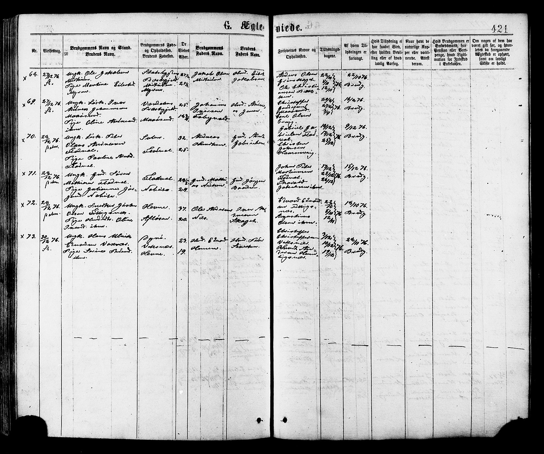 Ministerialprotokoller, klokkerbøker og fødselsregistre - Sør-Trøndelag, AV/SAT-A-1456/634/L0532: Parish register (official) no. 634A08, 1871-1881, p. 421