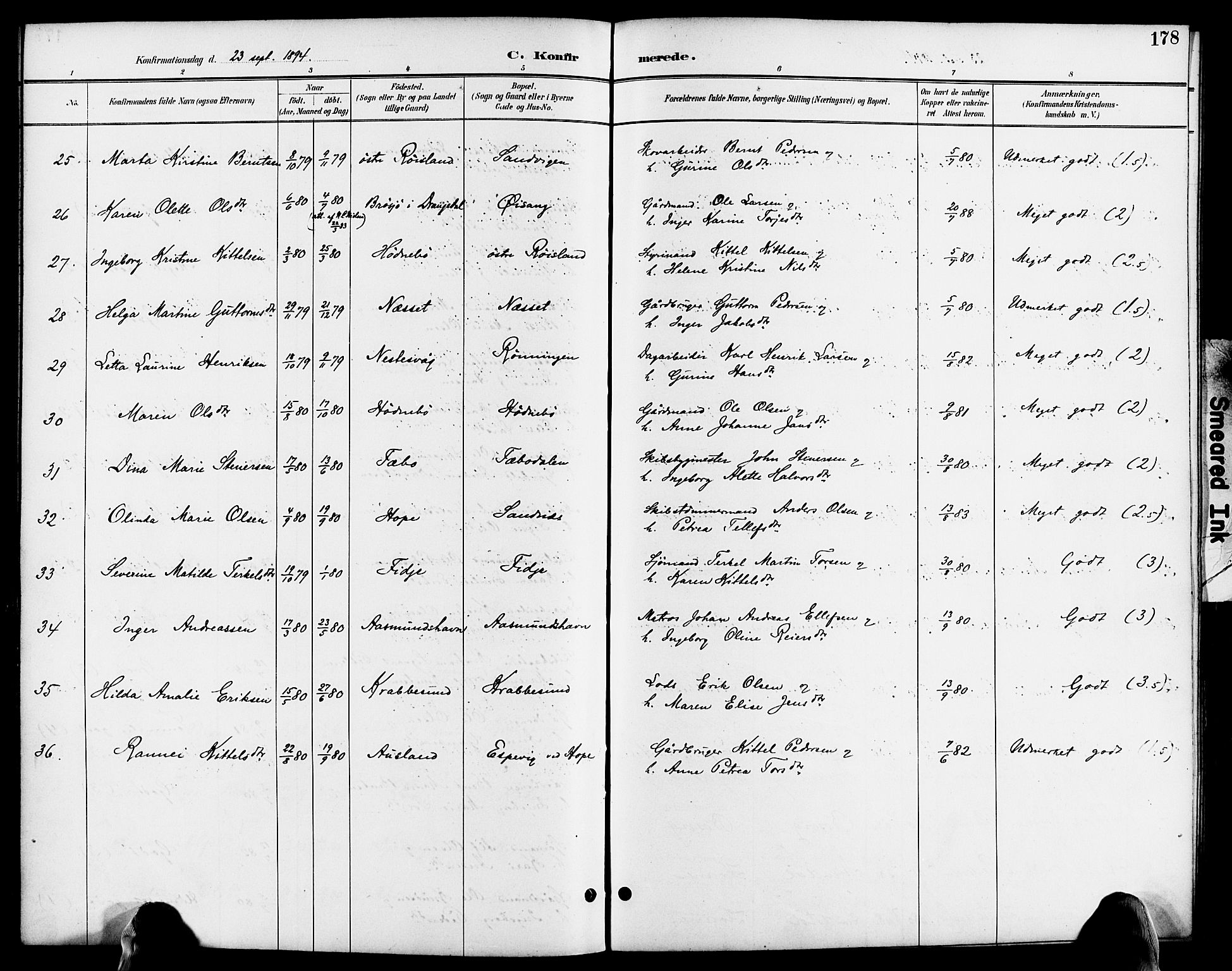 Søndeled sokneprestkontor, AV/SAK-1111-0038/F/Fa/L0005: Parish register (official) no. A 5, 1889-1899, p. 178