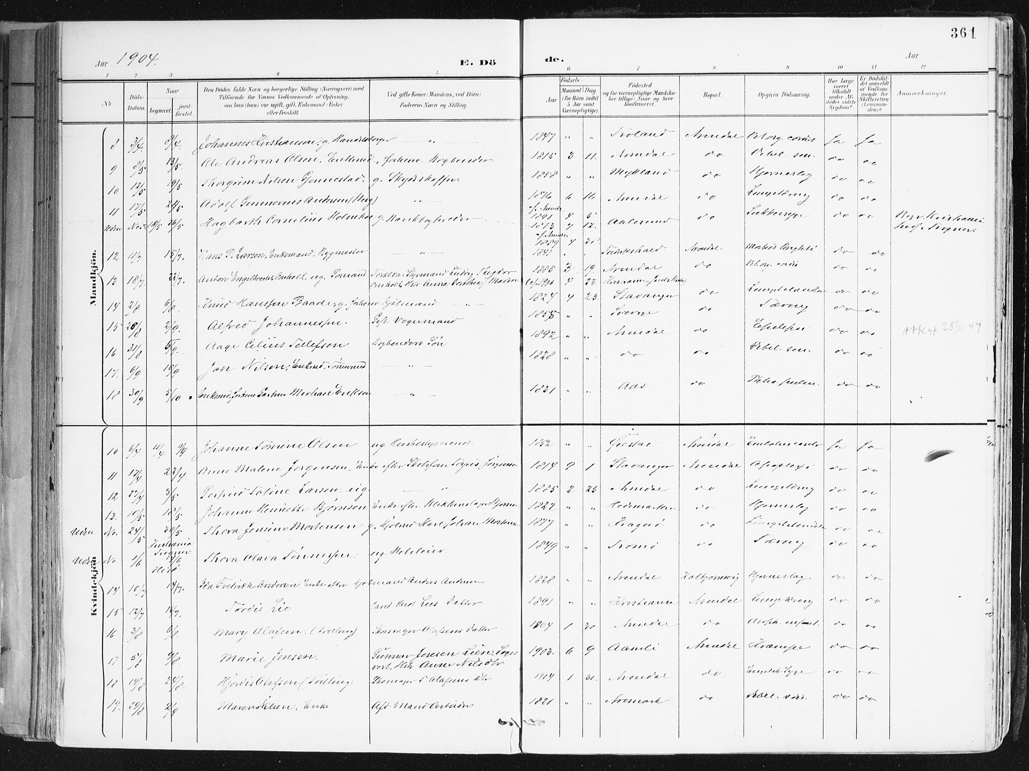 Arendal sokneprestkontor, Trefoldighet, AV/SAK-1111-0040/F/Fa/L0010: Parish register (official) no. A 10, 1900-1919, p. 361