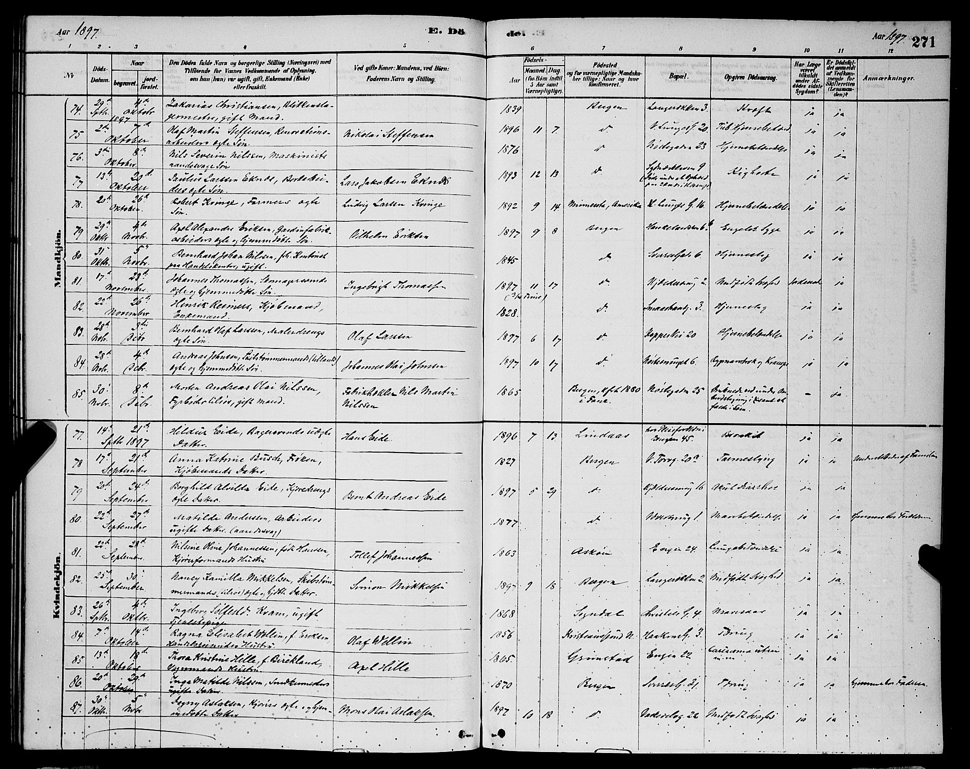 Domkirken sokneprestembete, AV/SAB-A-74801/H/Hab/L0041: Parish register (copy) no. E 5, 1878-1900, p. 271