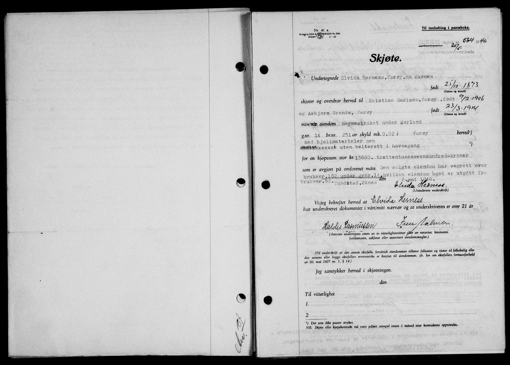 Lofoten sorenskriveri, SAT/A-0017/1/2/2C/L0014a: Mortgage book no. 14a, 1946-1946, Diary no: : 564/1946