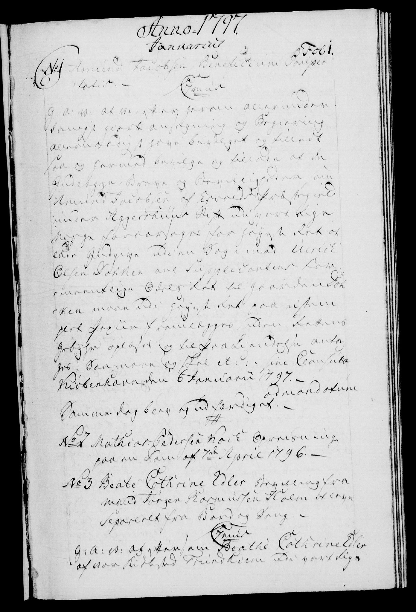 Danske Kanselli 1572-1799, RA/EA-3023/F/Fc/Fca/Fcaa/L0057: Norske registre, 1797, p. 1a