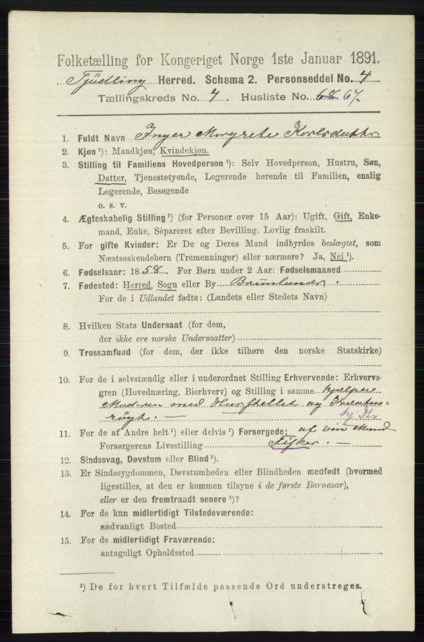 RA, 1891 census for 0725 Tjølling, 1891, p. 1823