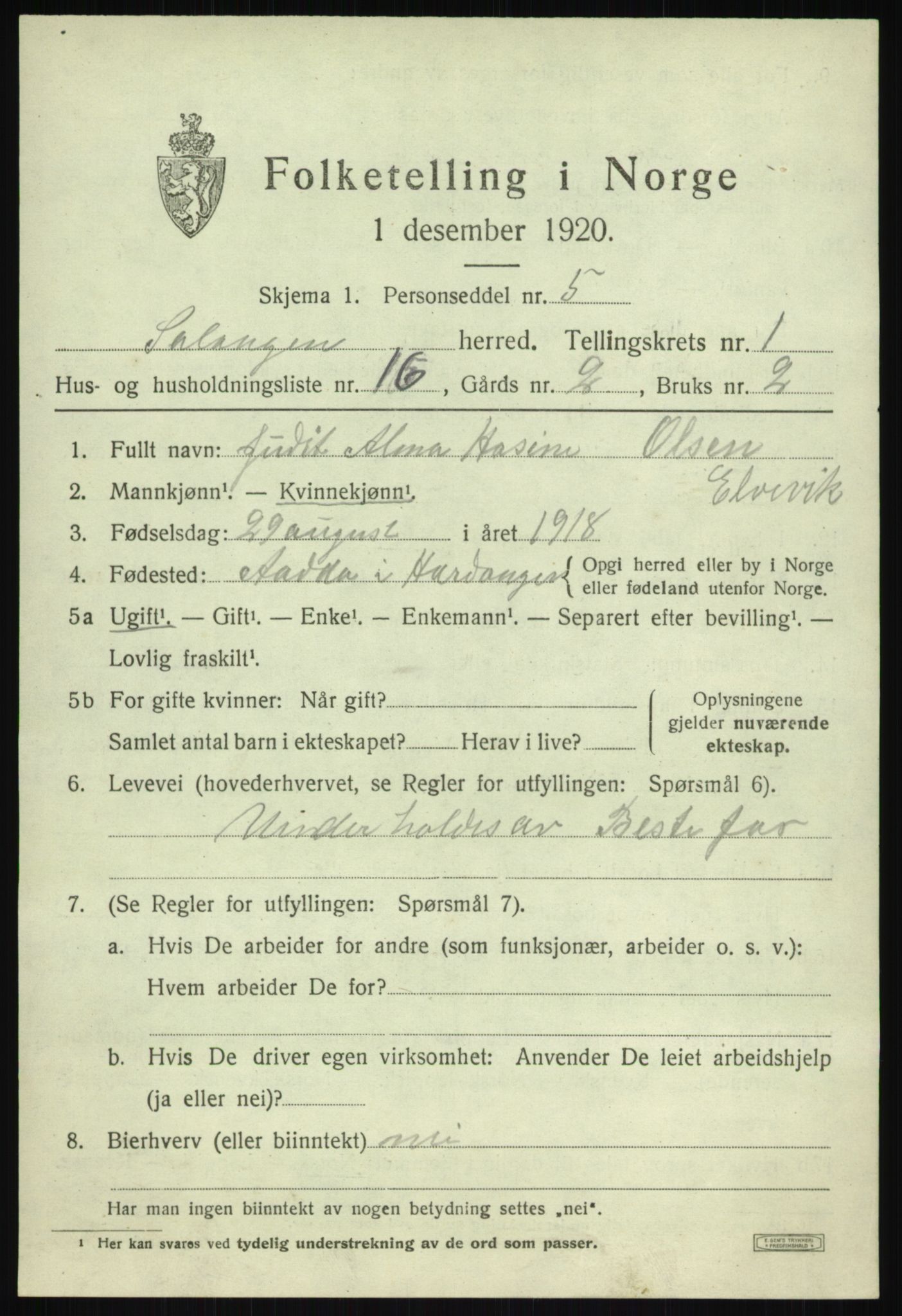 SATØ, 1920 census for Salangen, 1920, p. 1158