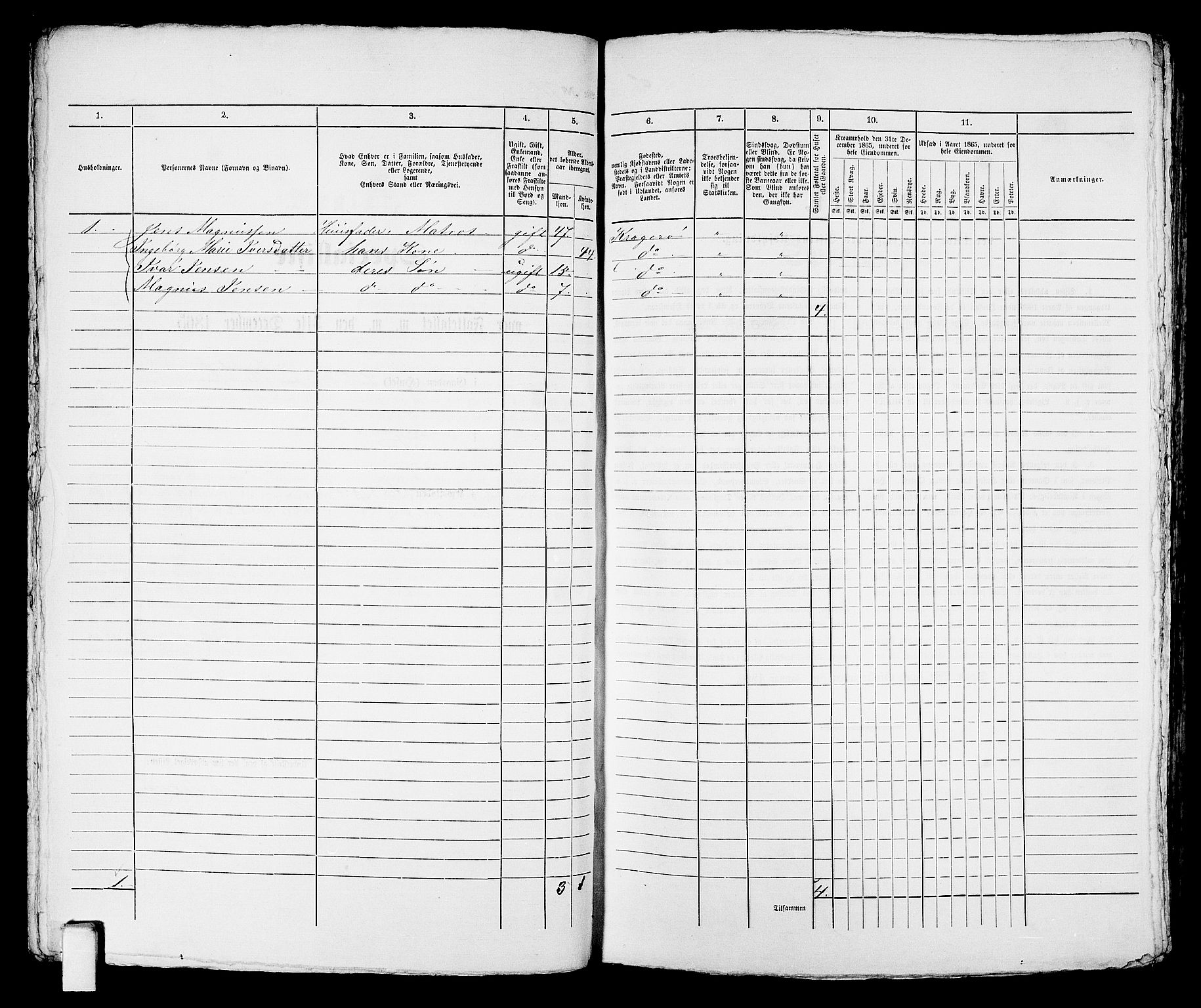 RA, 1865 census for Kragerø/Kragerø, 1865, p. 166