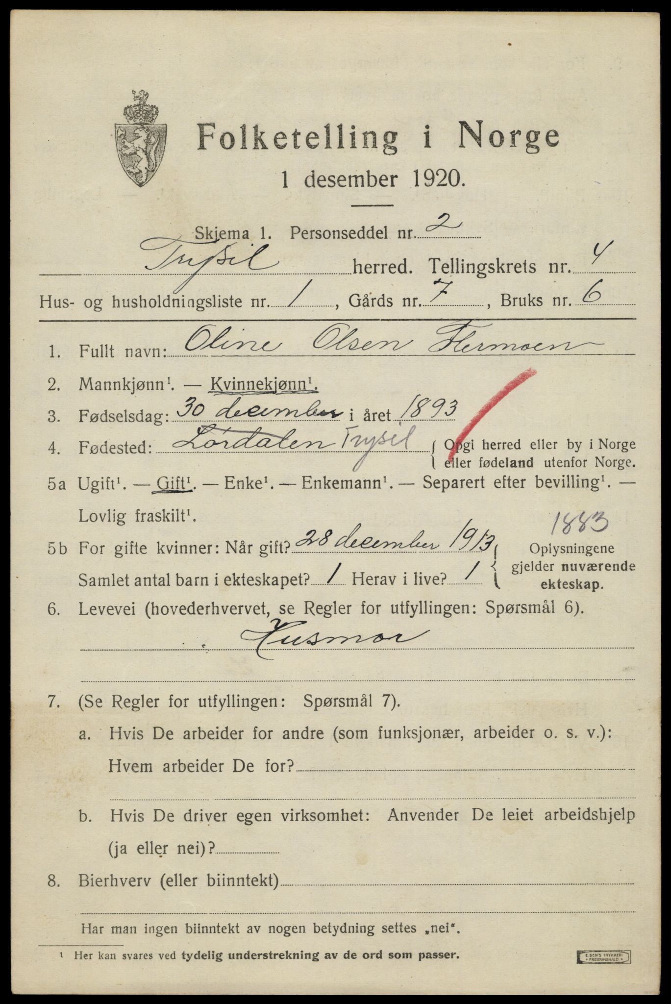 SAH, 1920 census for Trysil, 1920, p. 4083