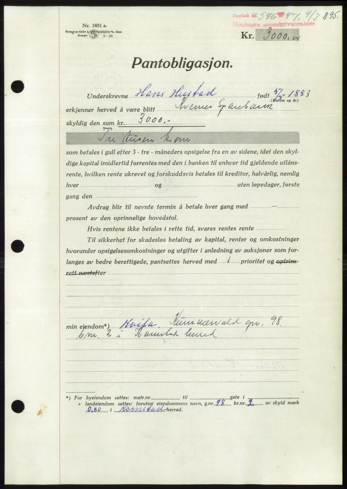 Nordmøre sorenskriveri, AV/SAT-A-4132/1/2/2Ca: Mortgage book no. B95, 1946-1947, Diary no: : 546/1947