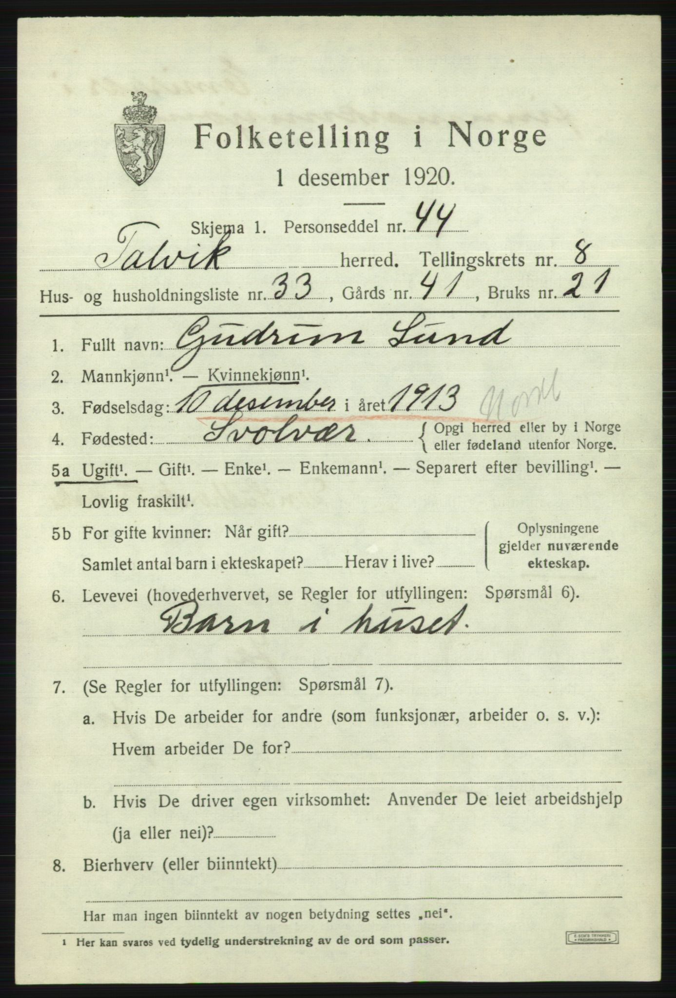 SATØ, 1920 census for Talvik, 1920, p. 5420