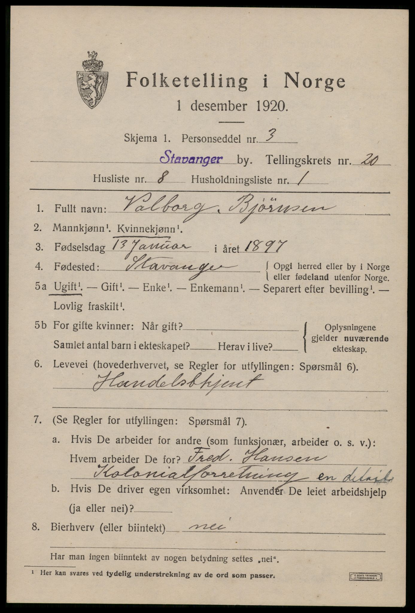 SAST, 1920 census for Stavanger, 1920, p. 70054