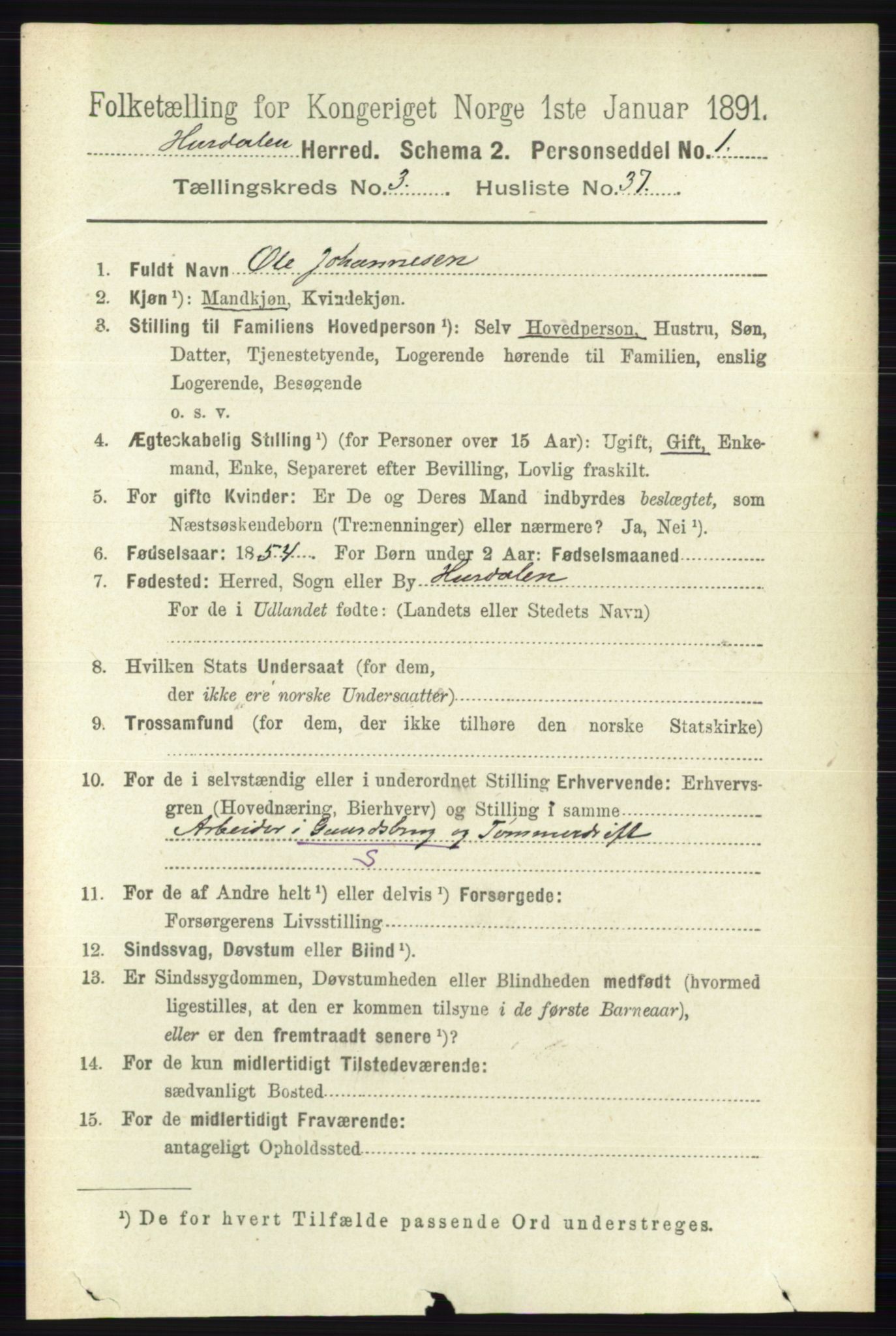 RA, 1891 census for 0239 Hurdal, 1891, p. 1313