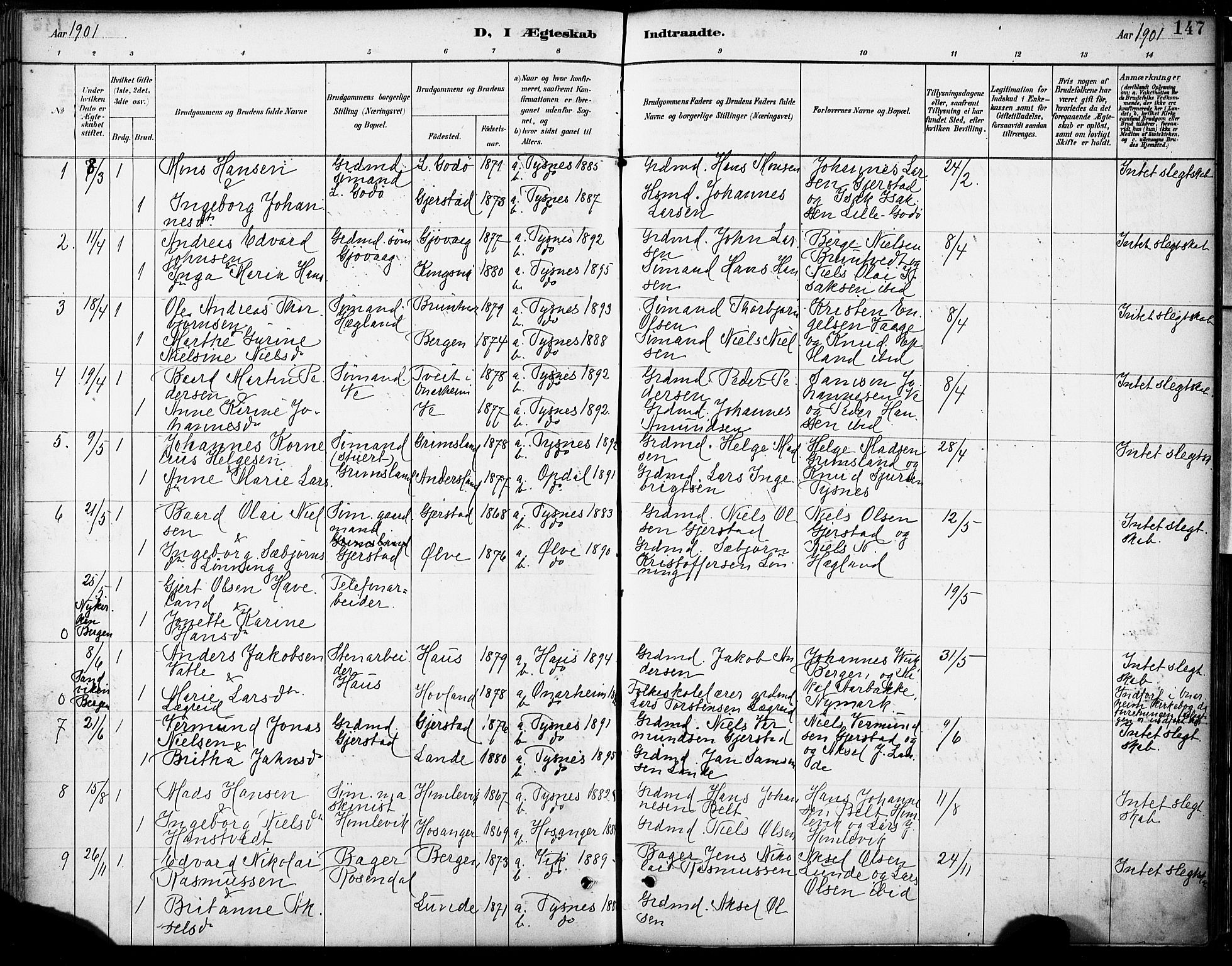 Tysnes sokneprestembete, SAB/A-78601/H/Haa: Parish register (official) no. B 1, 1887-1906, p. 147