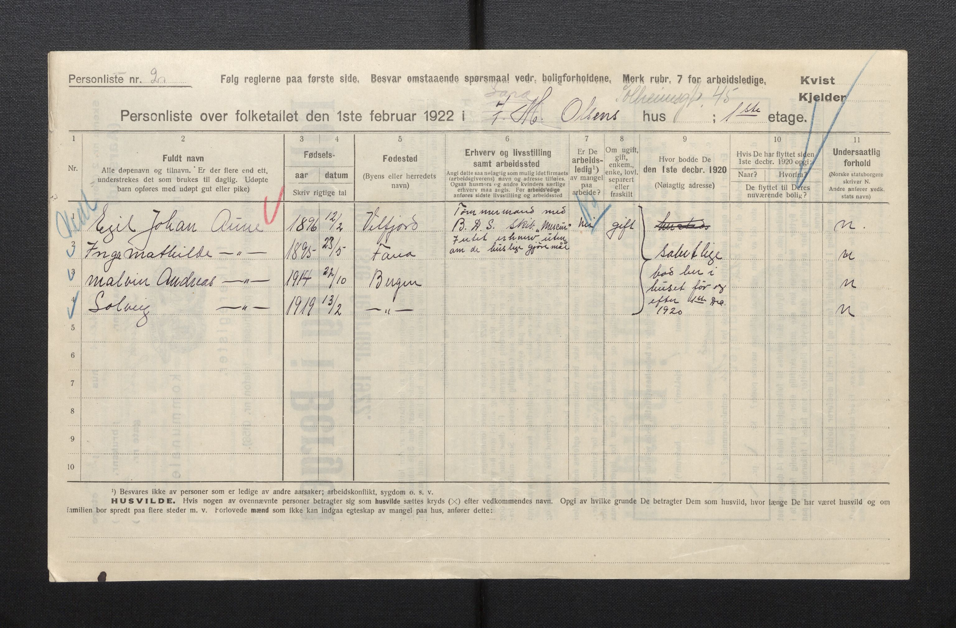 SAB, Municipal Census 1922 for Bergen, 1922, p. 58224